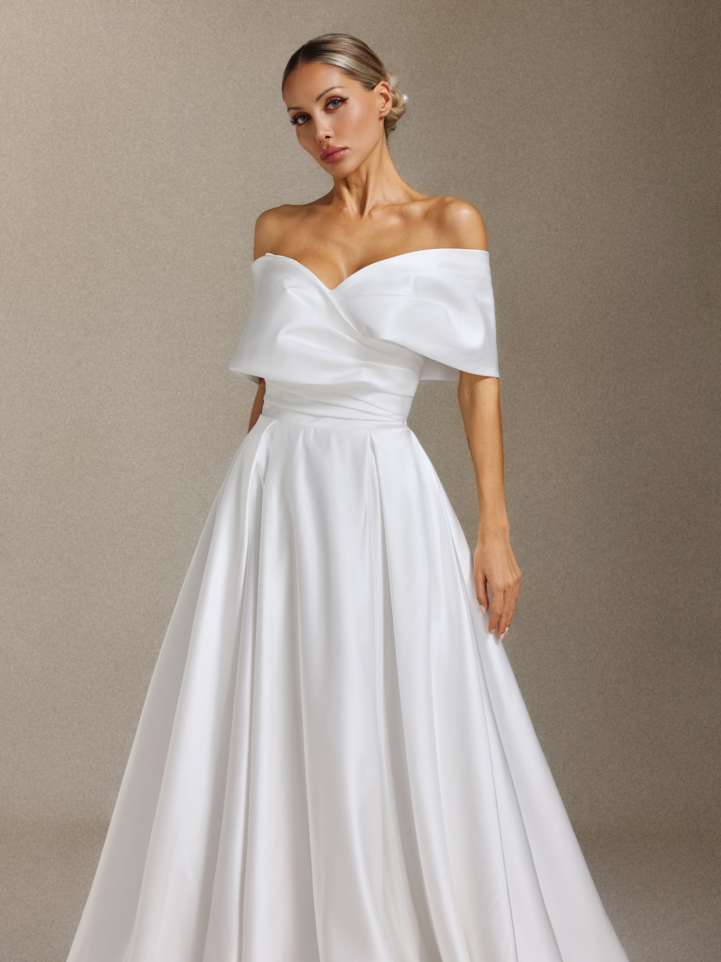 Qerly Satin off-the-shoulder pleated tailline maxi wedding dress