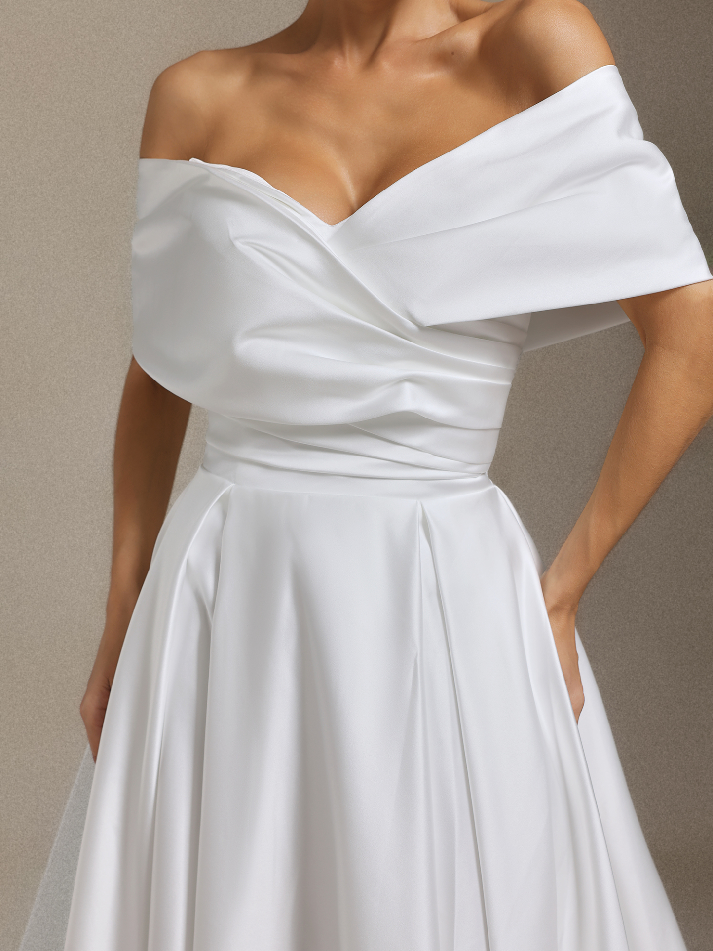 Qerly Satin off-the-shoulder pleated tailline maxi wedding dress