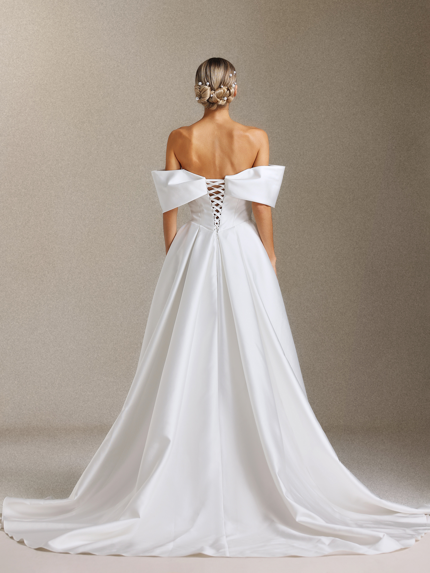 Molia Off-the-shoulder, pleated and tail-length wedding dress