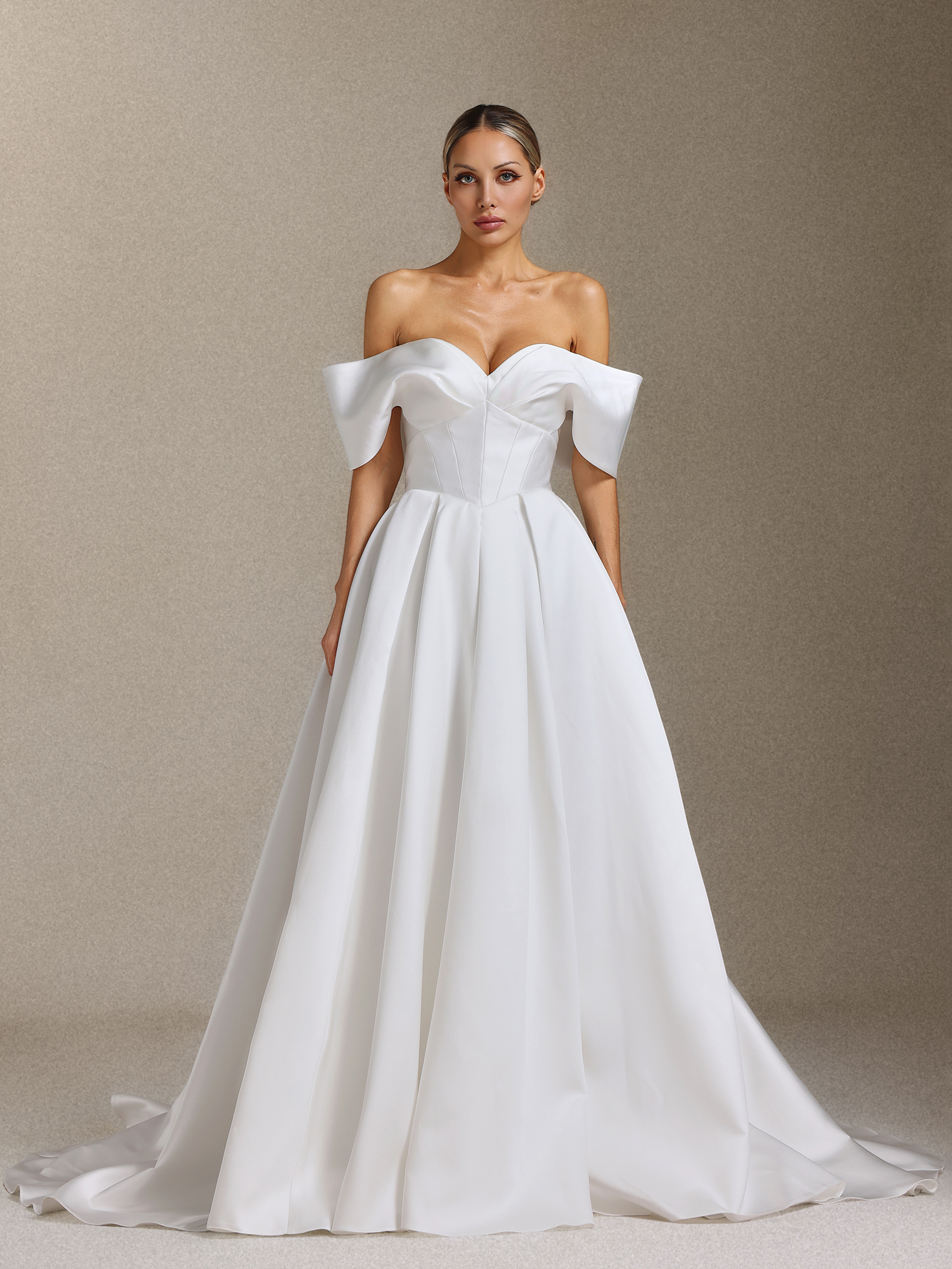 Molia Off-the-shoulder, pleated and tail-length wedding dress