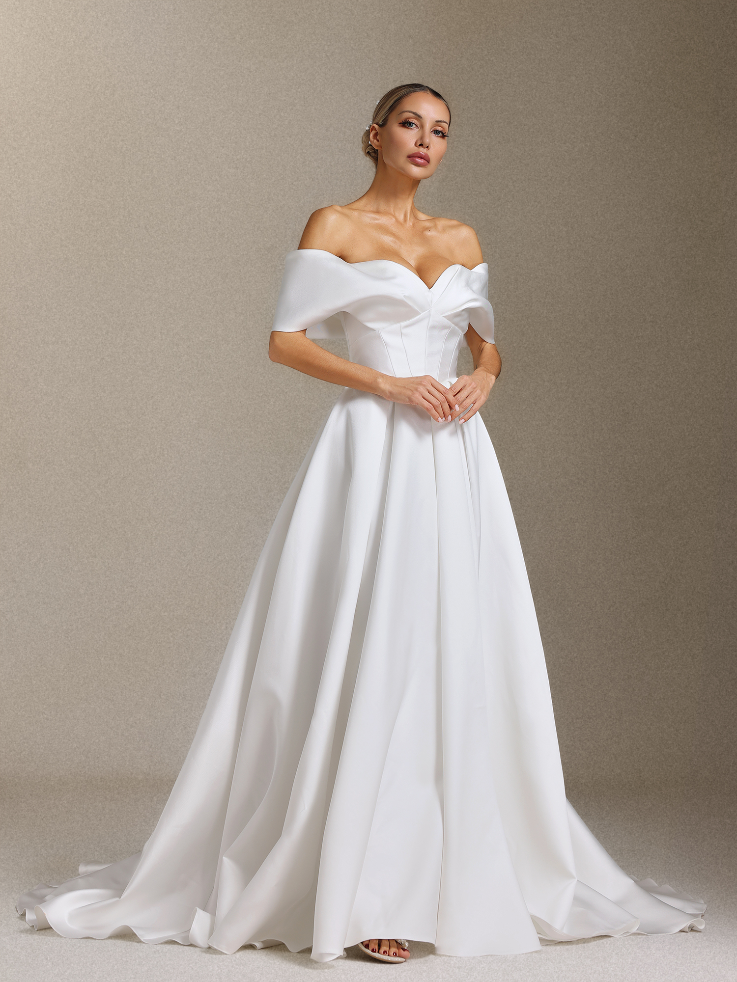 Molia Off-the-shoulder, pleated and tail-length wedding dress
