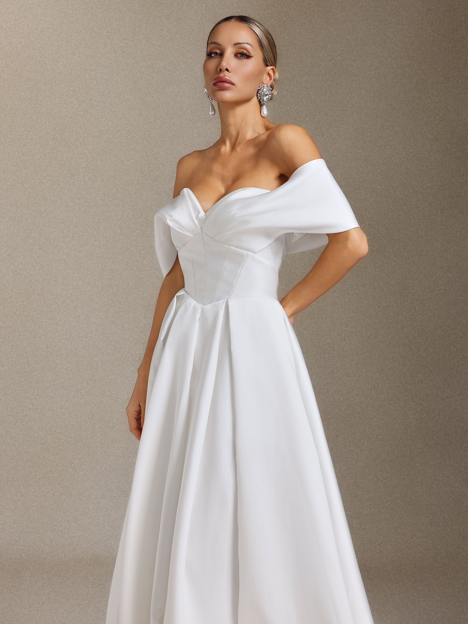 Molia Off-the-shoulder, pleated and tail-length wedding dress