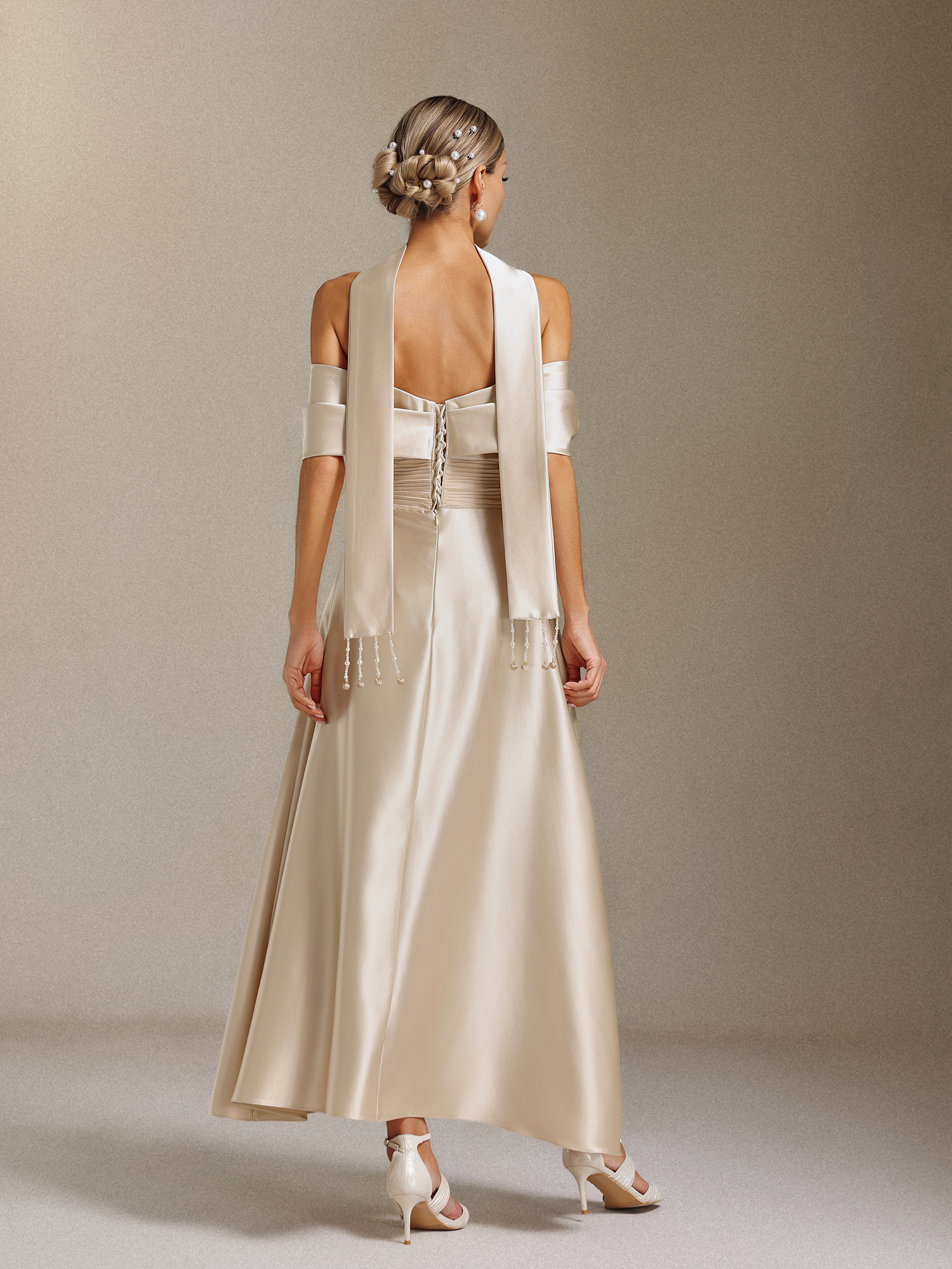 Elsie Off-the-shoulder, tapered, waist-cinching maxi dress