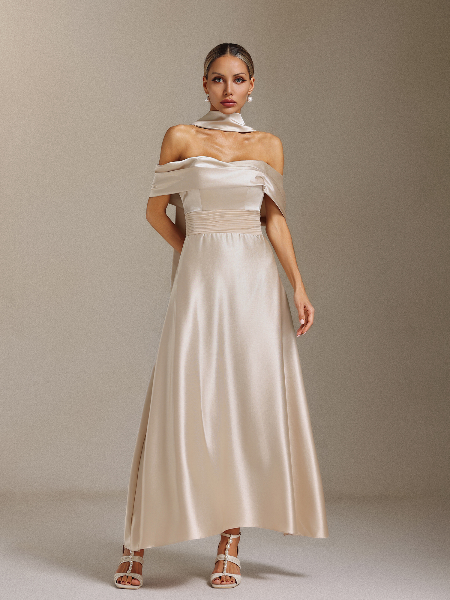 Elsie Off-the-shoulder, tapered, waist-cinching maxi dress