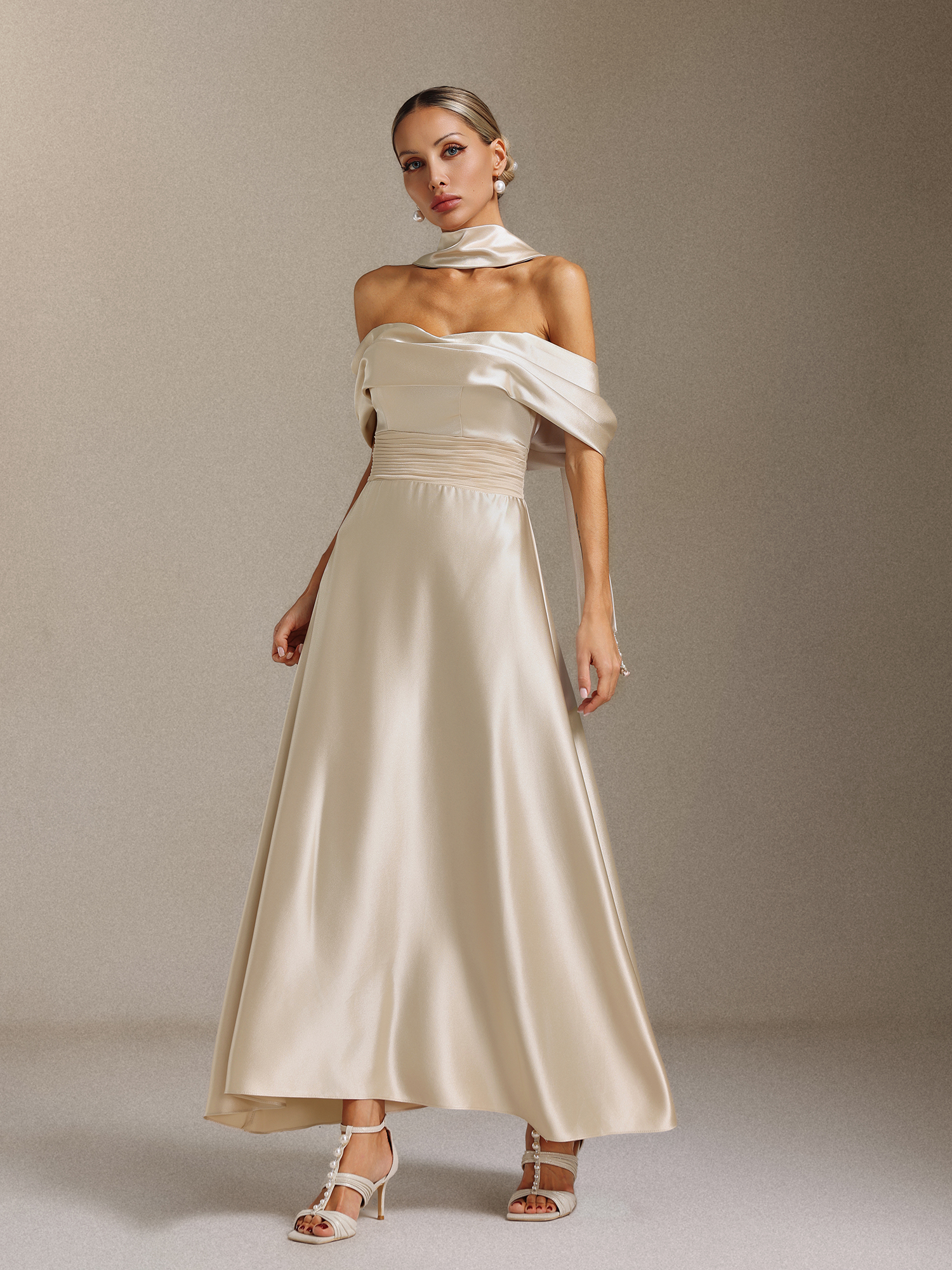 Elsie Off-the-shoulder, tapered, waist-cinching maxi dress
