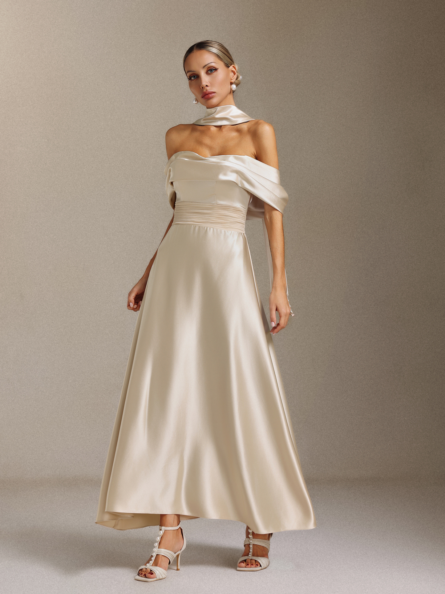 Elsie Off-the-shoulder, tapered, waist-cinching maxi dress