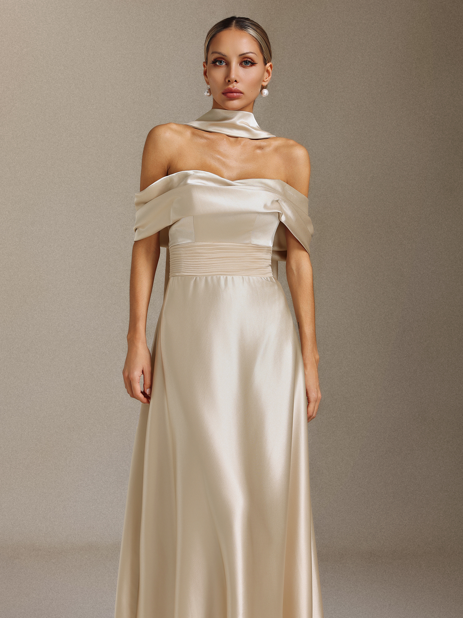 Elsie Off-the-shoulder, tapered, waist-cinching maxi dress