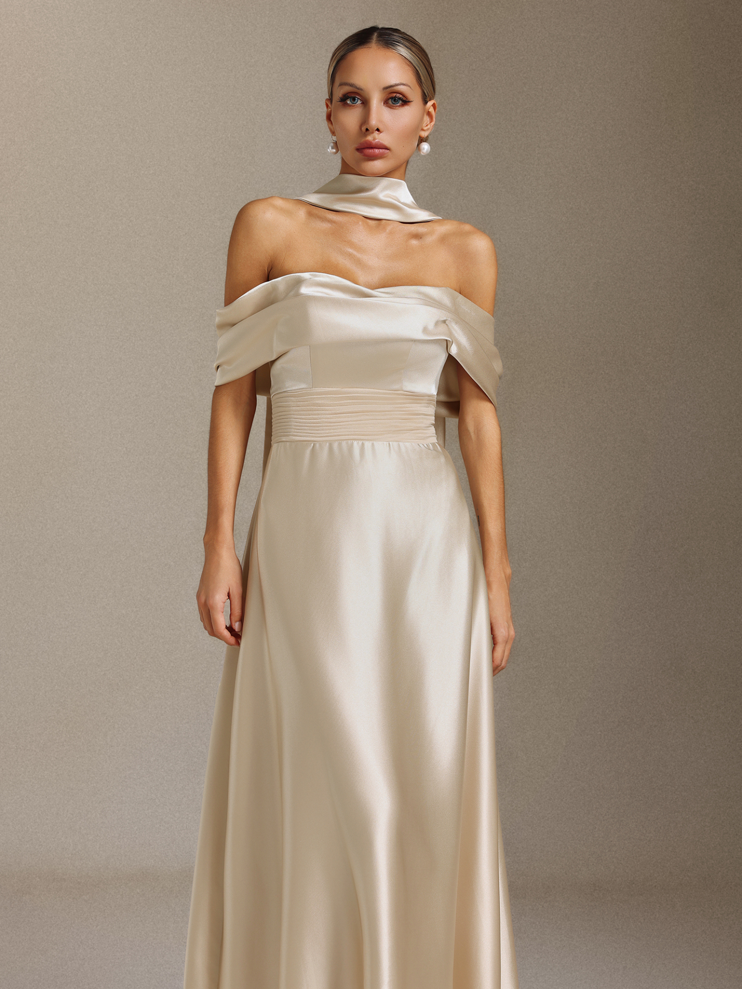 Elsie Off-the-shoulder, tapered, waist-cinching maxi dress