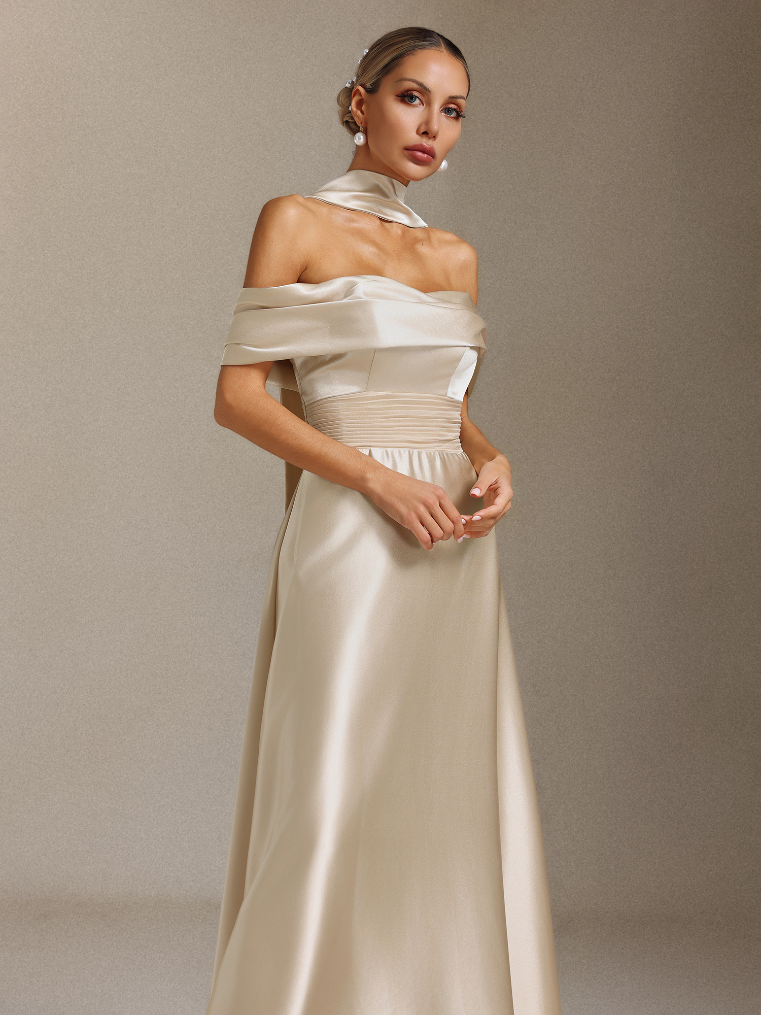 Elsie Off-the-shoulder, tapered, waist-cinching maxi dress