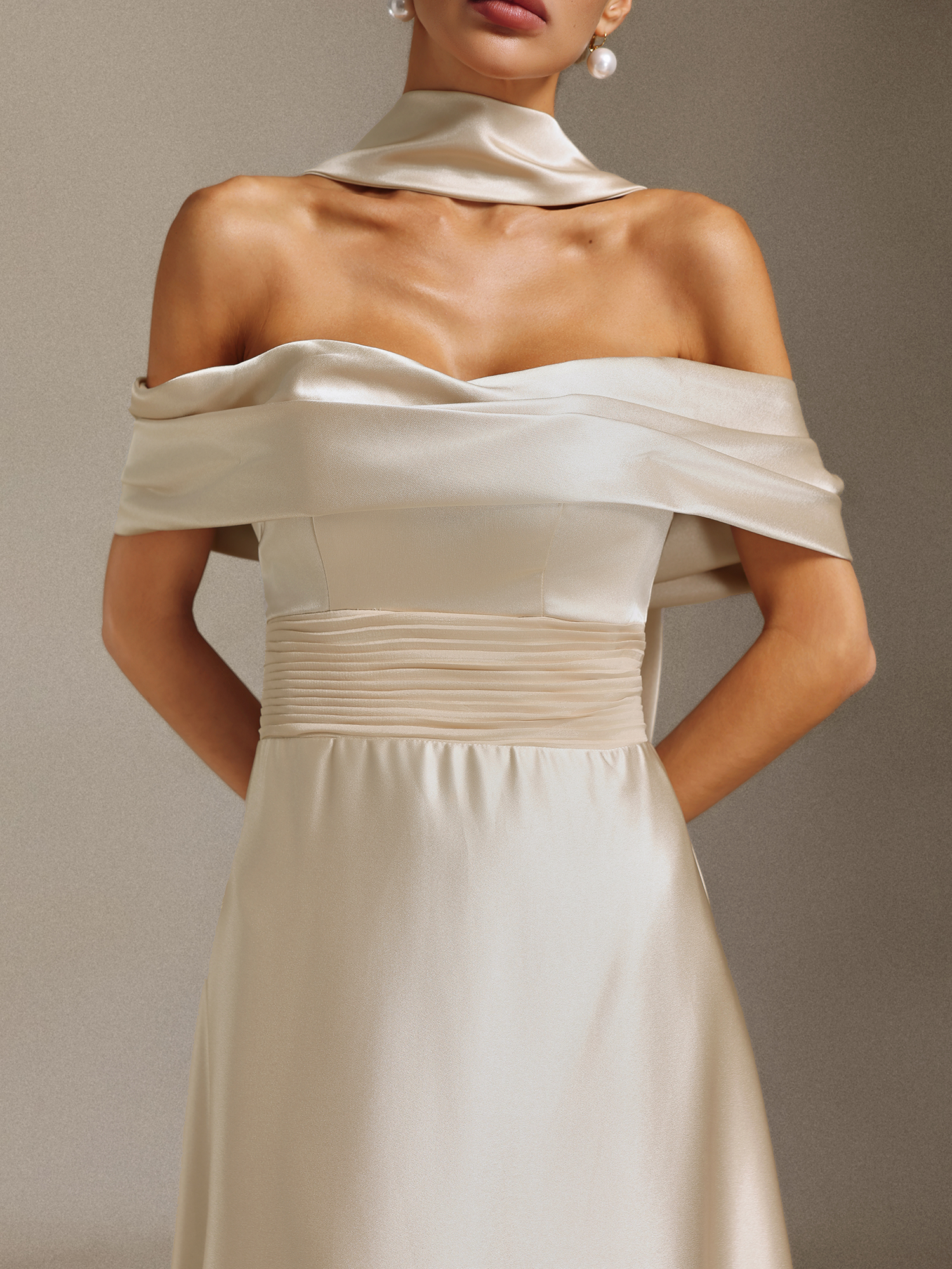 Elsie Off-the-shoulder, tapered, waist-cinching maxi dress