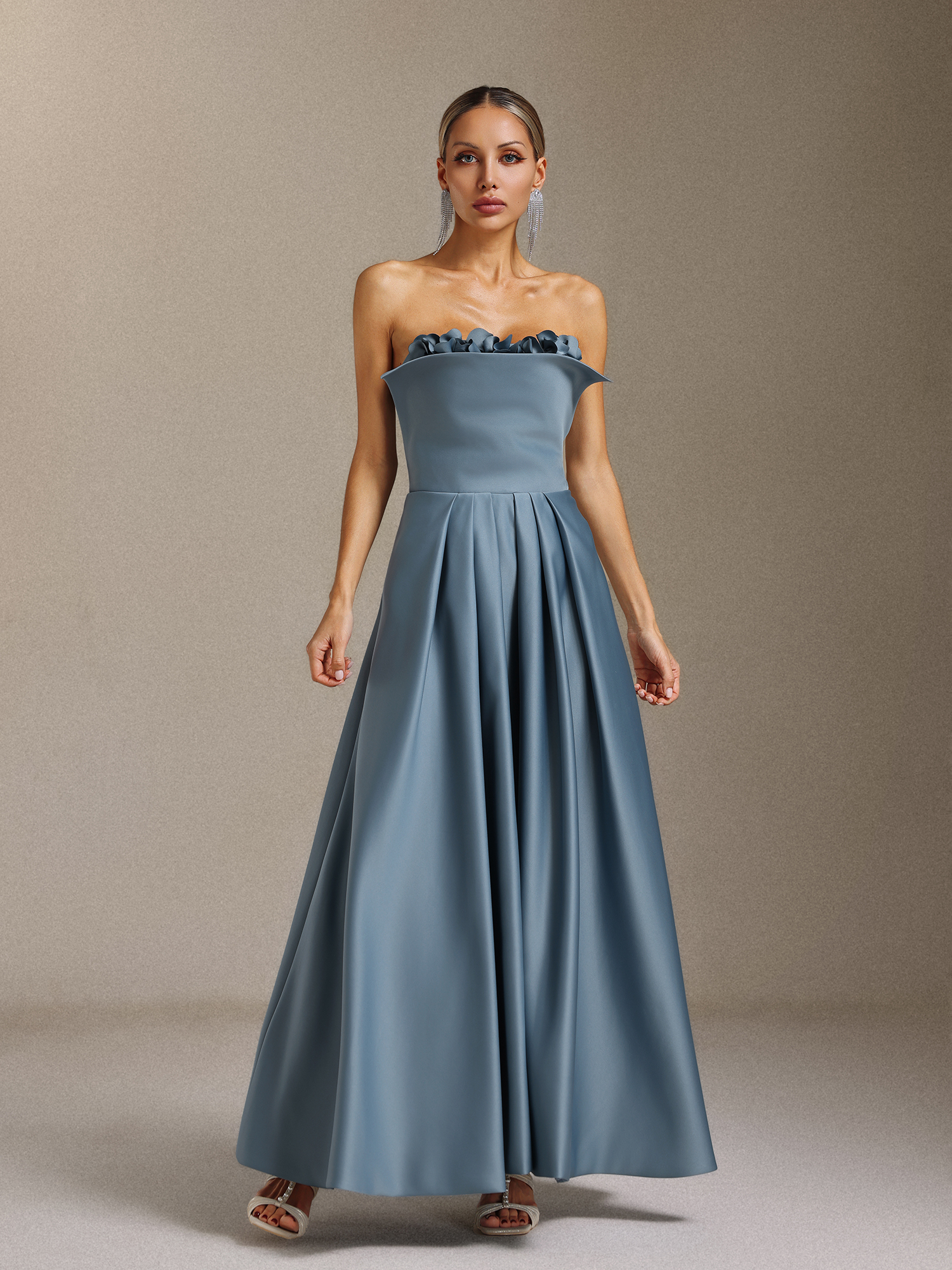 Elysande Strapless pleated three-dimensional floral slimming maxi dress