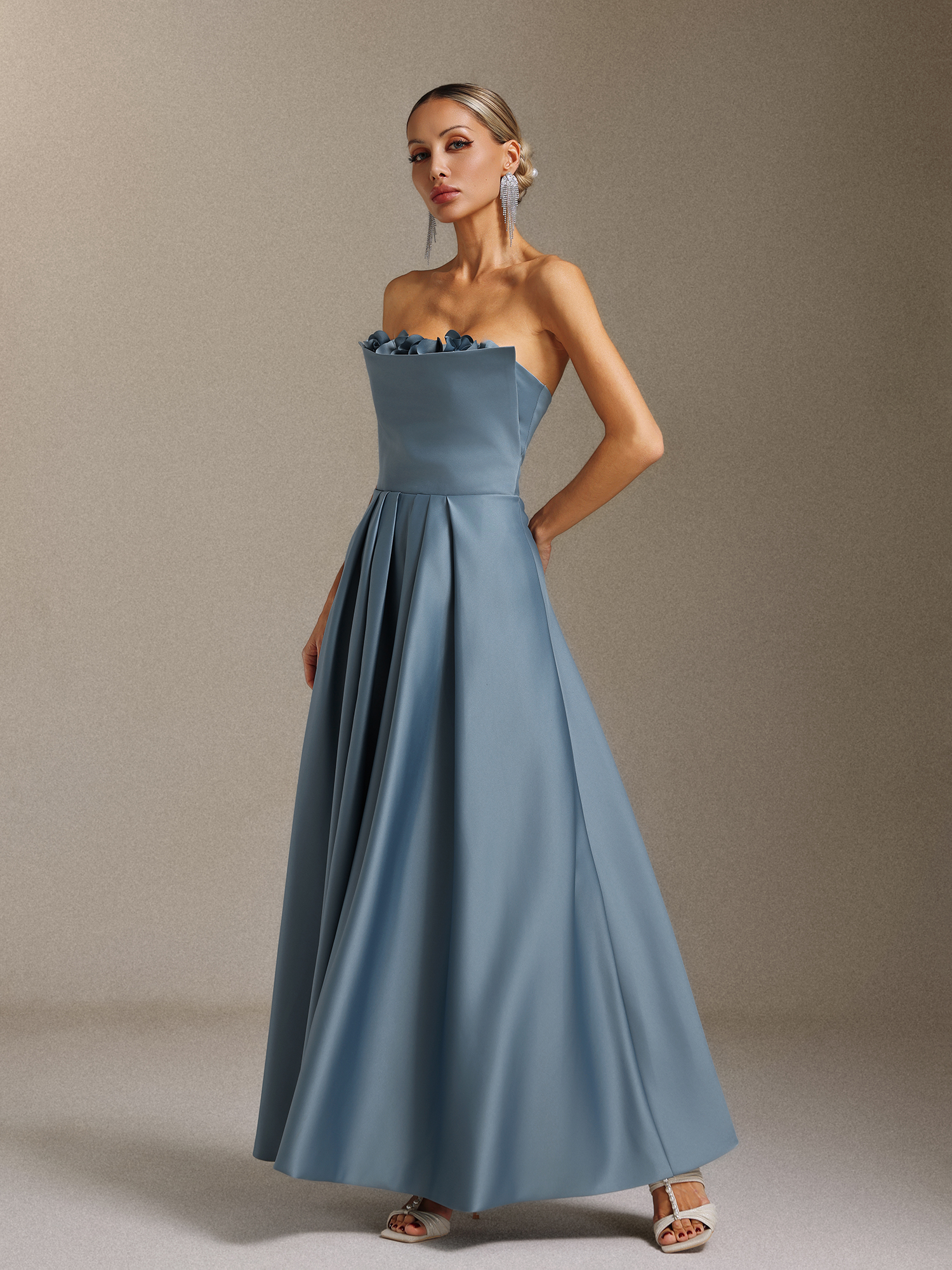 Elysande Strapless pleated three-dimensional floral slimming maxi dress