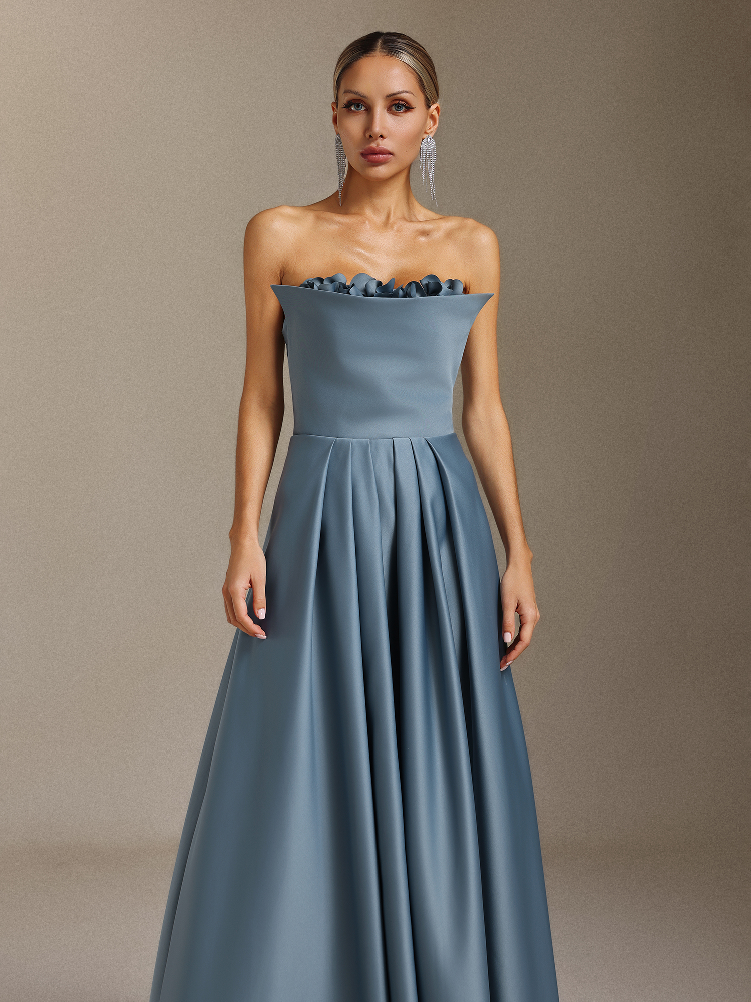 Elysande Strapless pleated three-dimensional floral slimming maxi dress