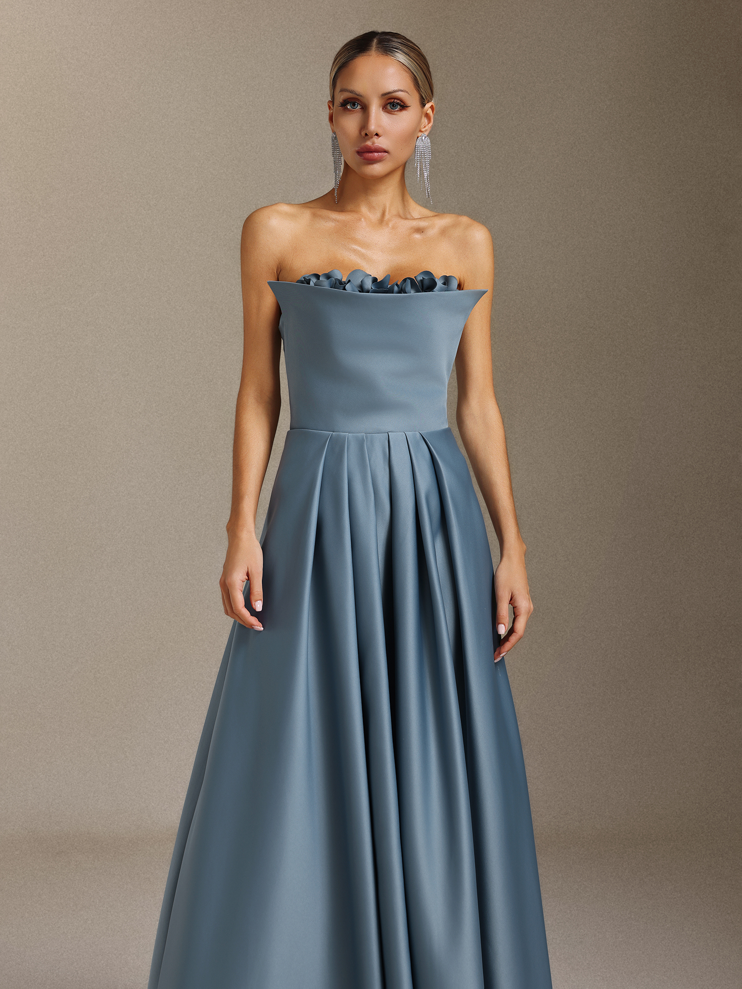 Elysande Strapless pleated three-dimensional floral slimming maxi dress