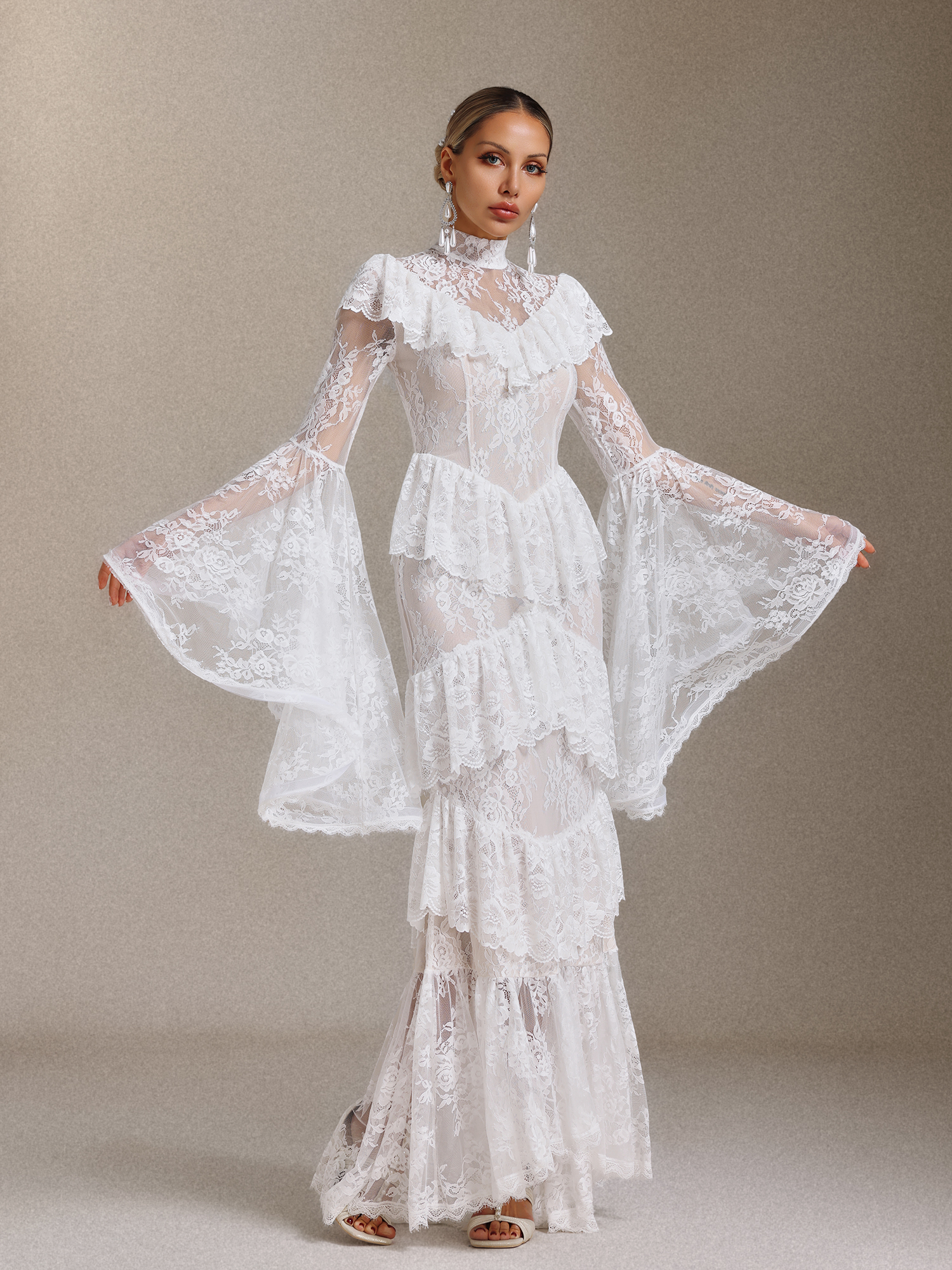 Malvina Long Sleeves Flounce Lace Maxi Dress
