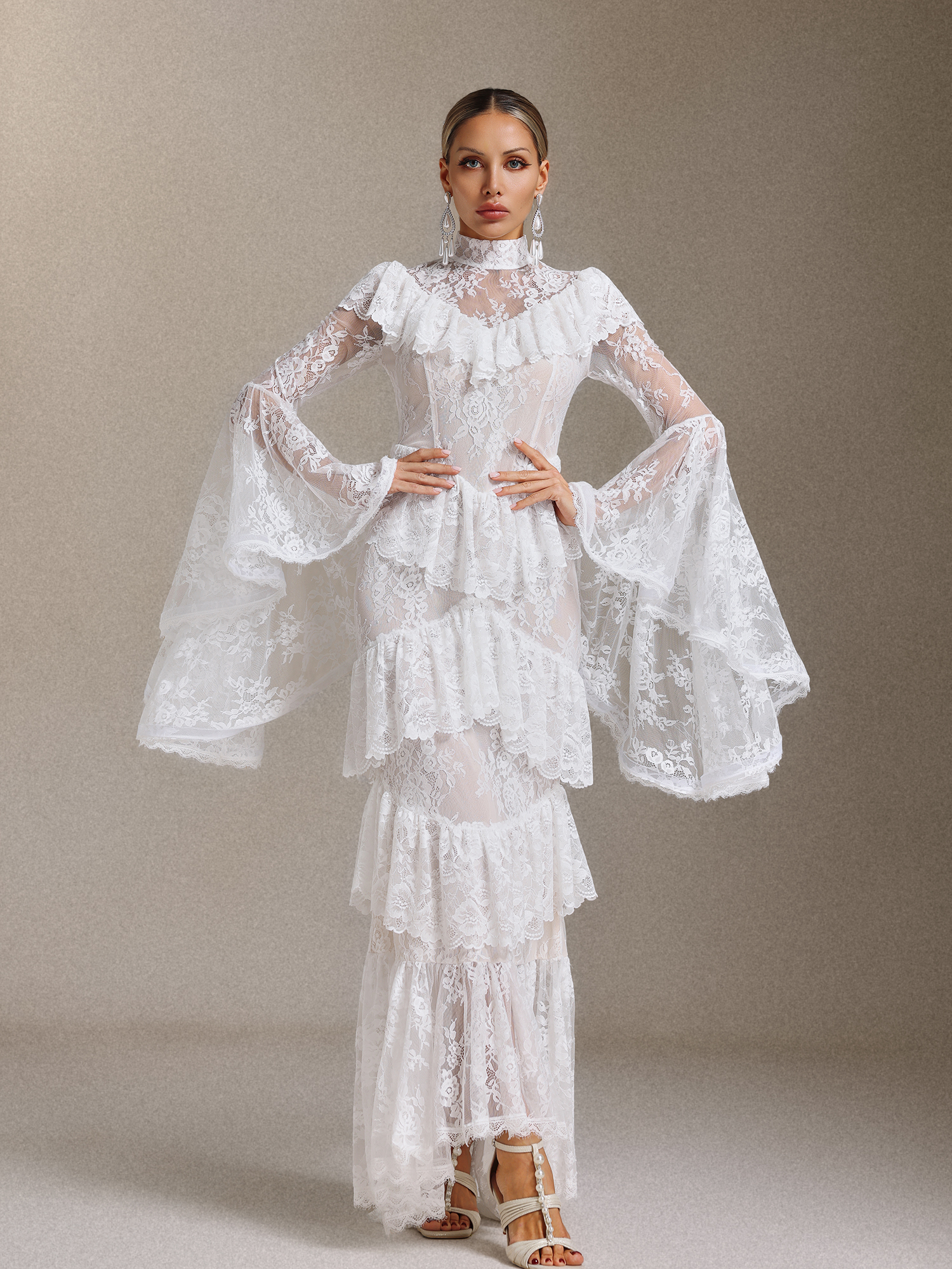 Malvina Long Sleeves Flounce Lace Maxi Dress