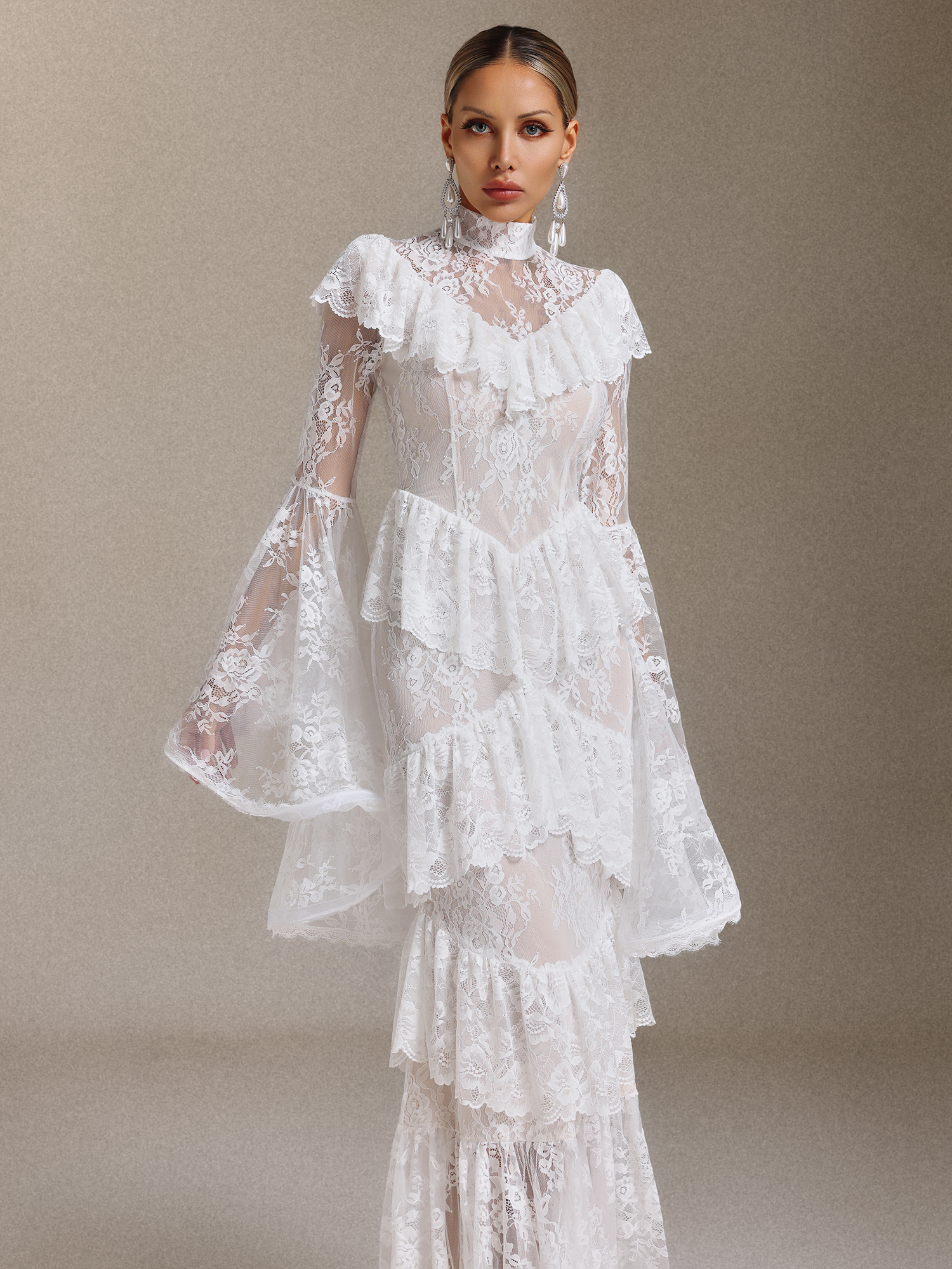 Malvina Long Sleeves Flounce Lace Maxi Dress