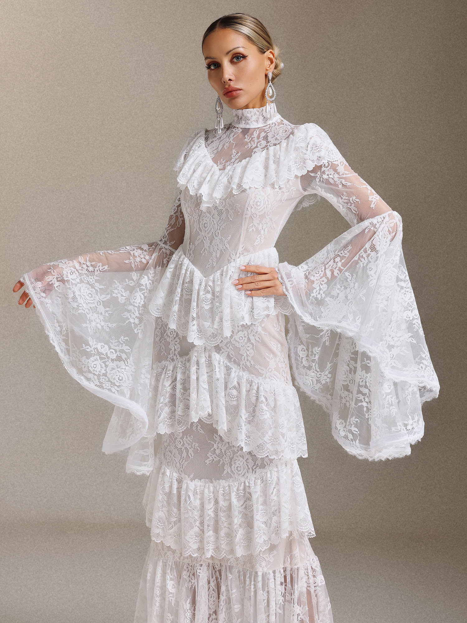 Malvina Long Sleeves Flounce Lace Maxi Dress