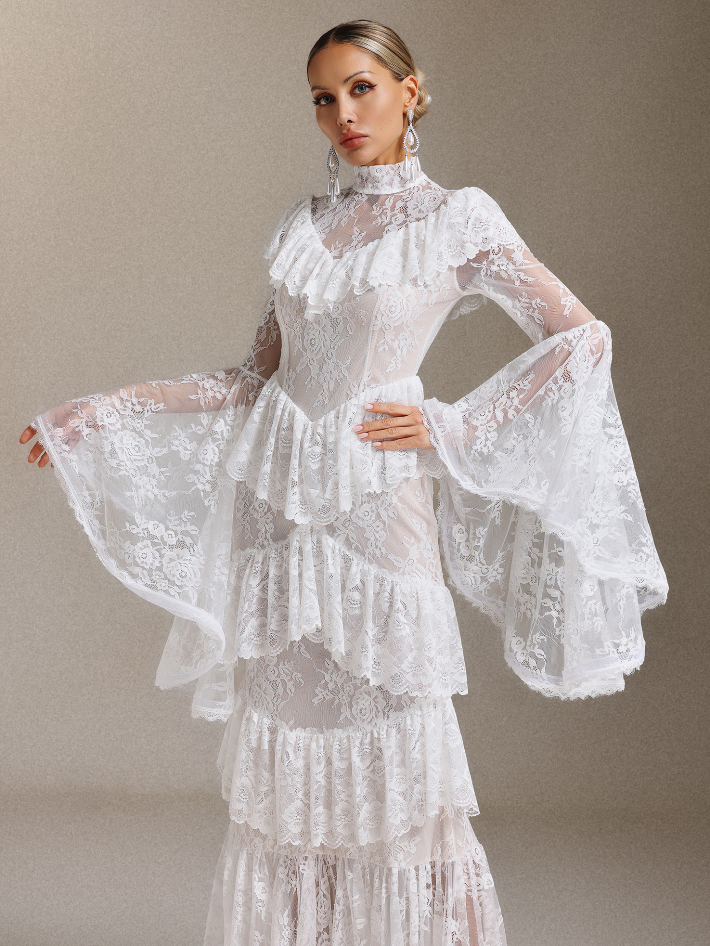 Malvina Long Sleeves Flounce Lace Maxi Dress