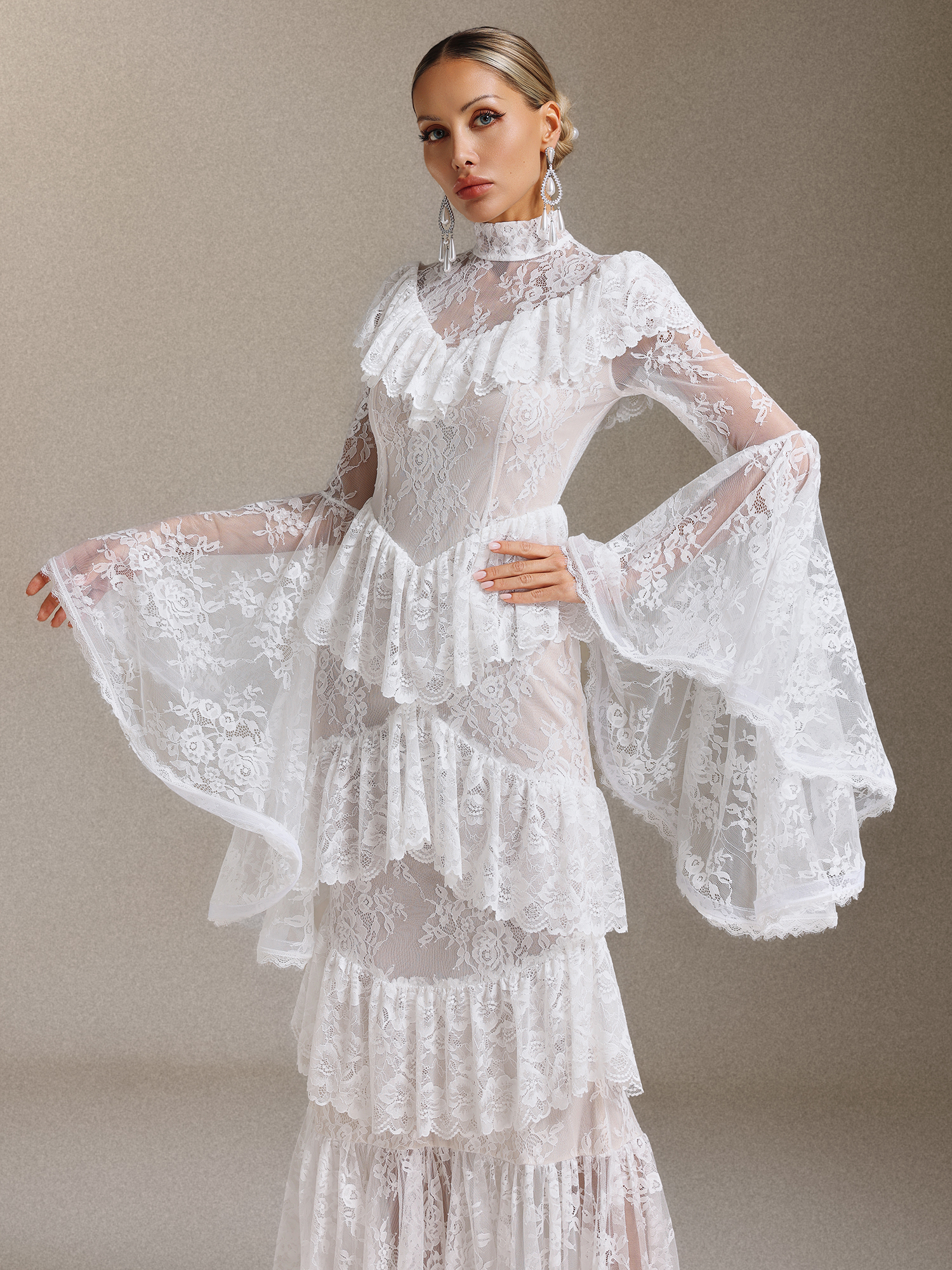 Malvina Long Sleeves Flounce Lace Maxi Dress