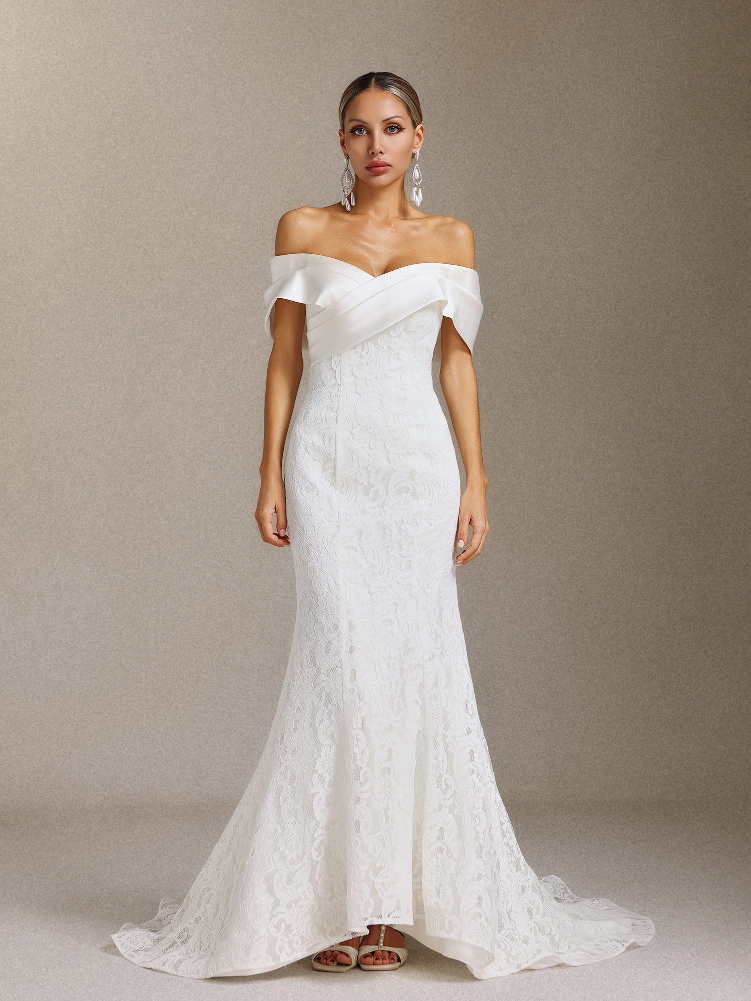 Jussi Off-the-shoulder lace slimming Fish tail Maxi wedding Dress
