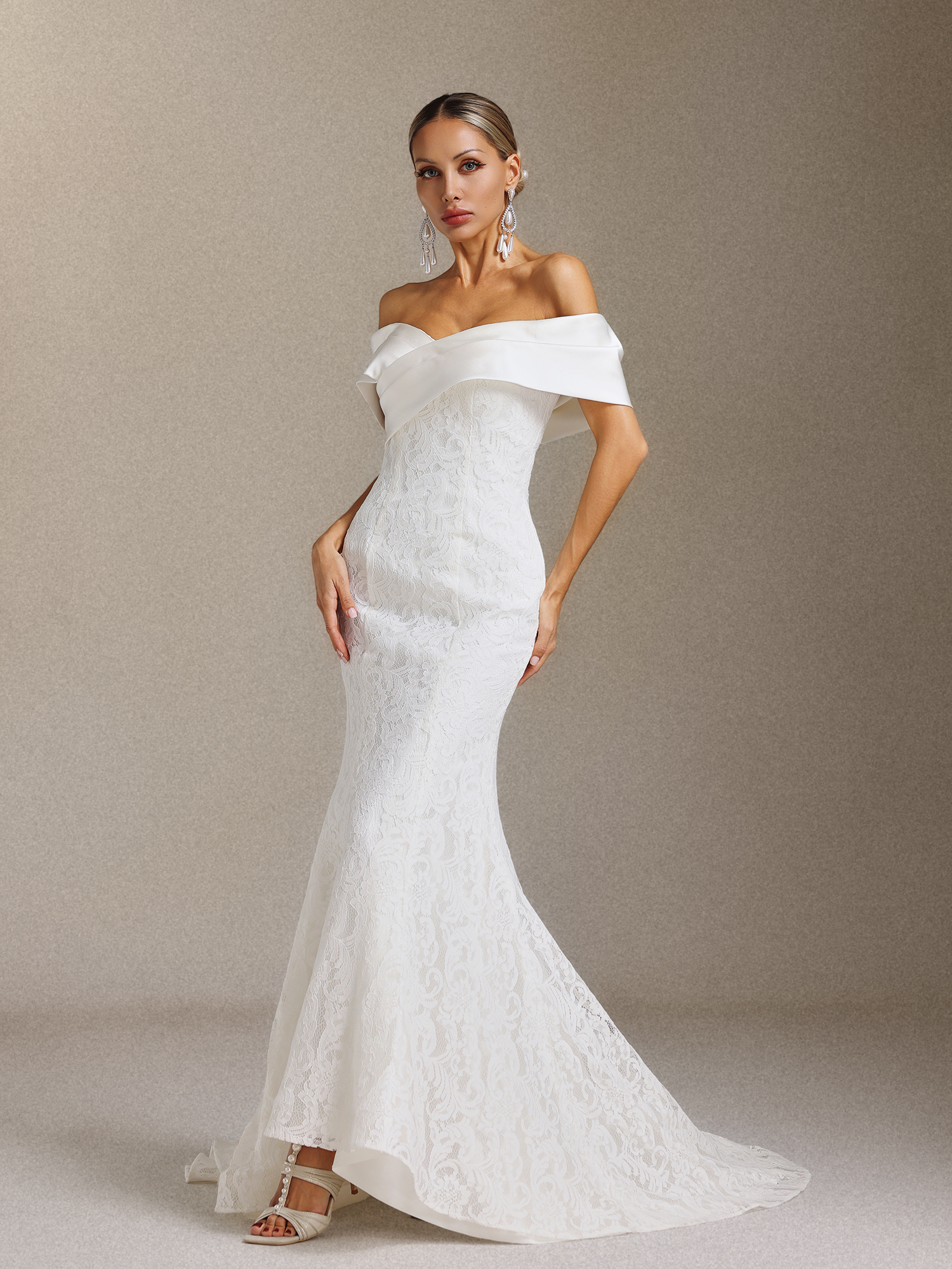 Jussi Off-the-shoulder lace slimming Fish tail Maxi wedding Dress