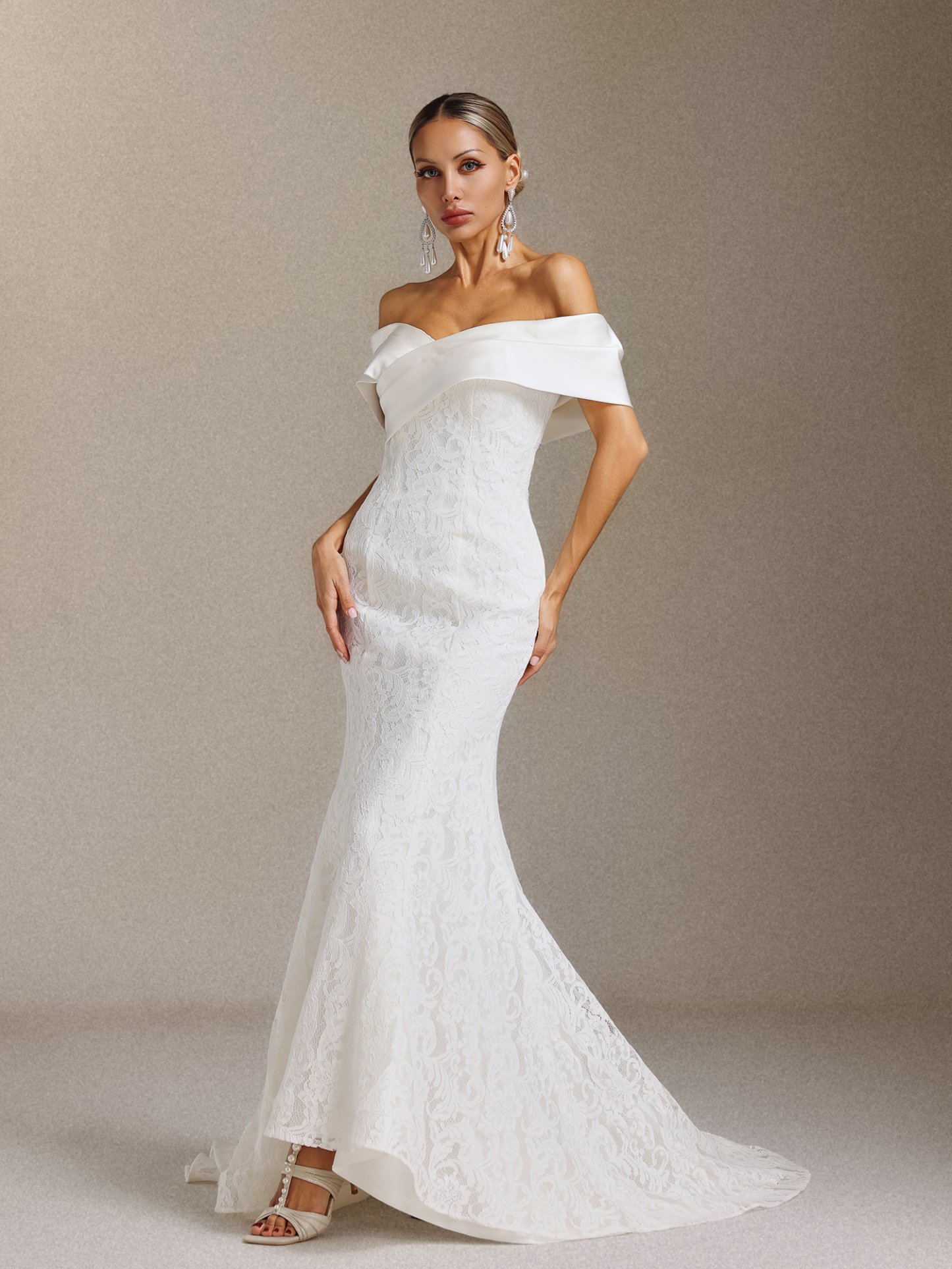Jussi Off-the-shoulder lace slimming Fish tail Maxi wedding Dress