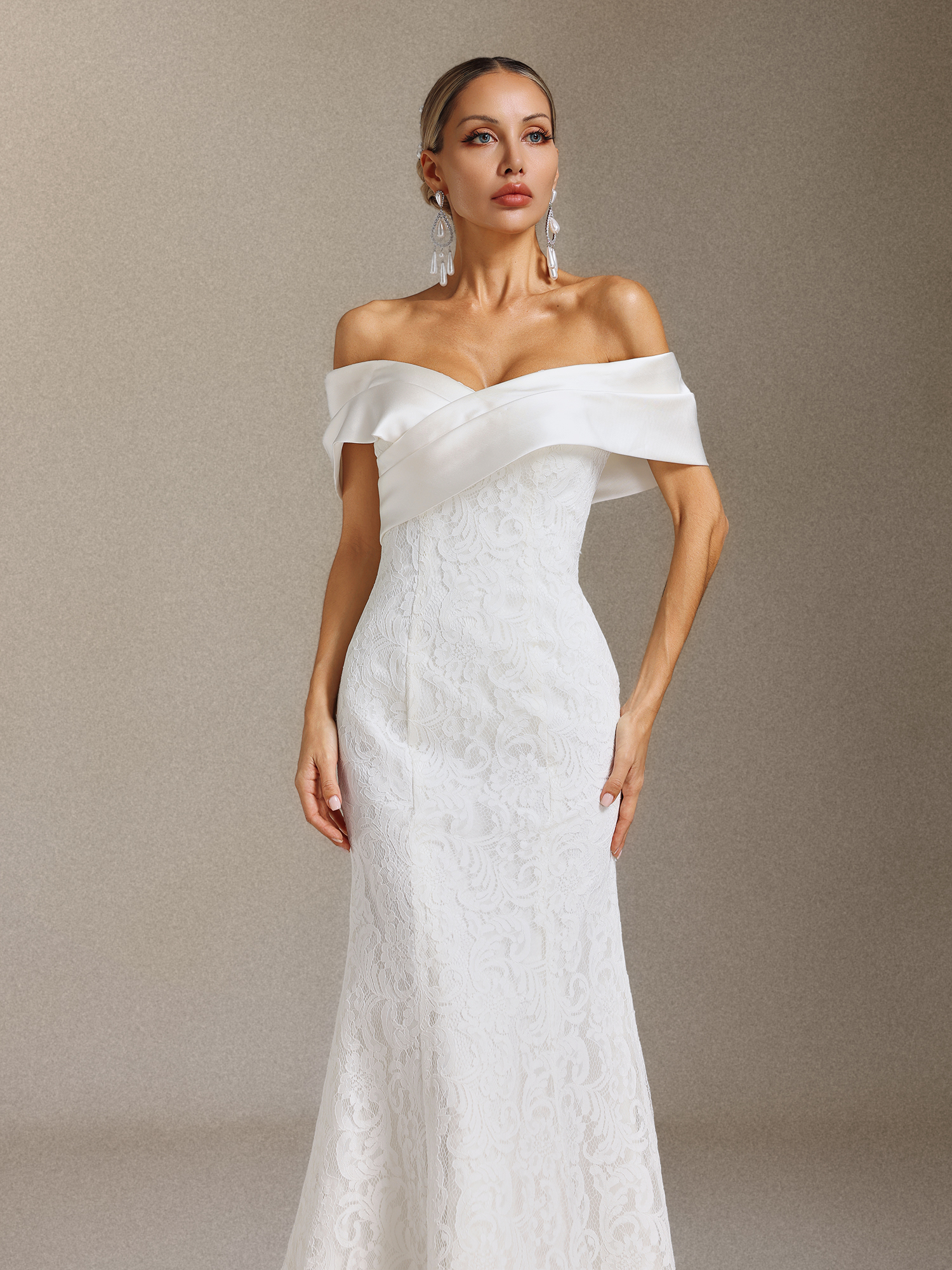 Jussi Off-the-shoulder lace slimming Fish tail Maxi wedding Dress