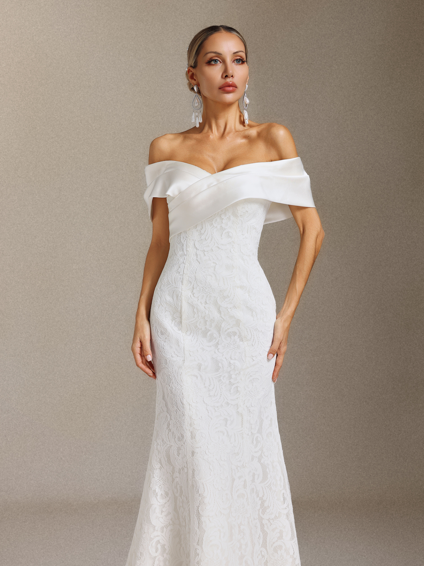 Jussi Off-the-shoulder lace slimming Fish tail Maxi wedding Dress