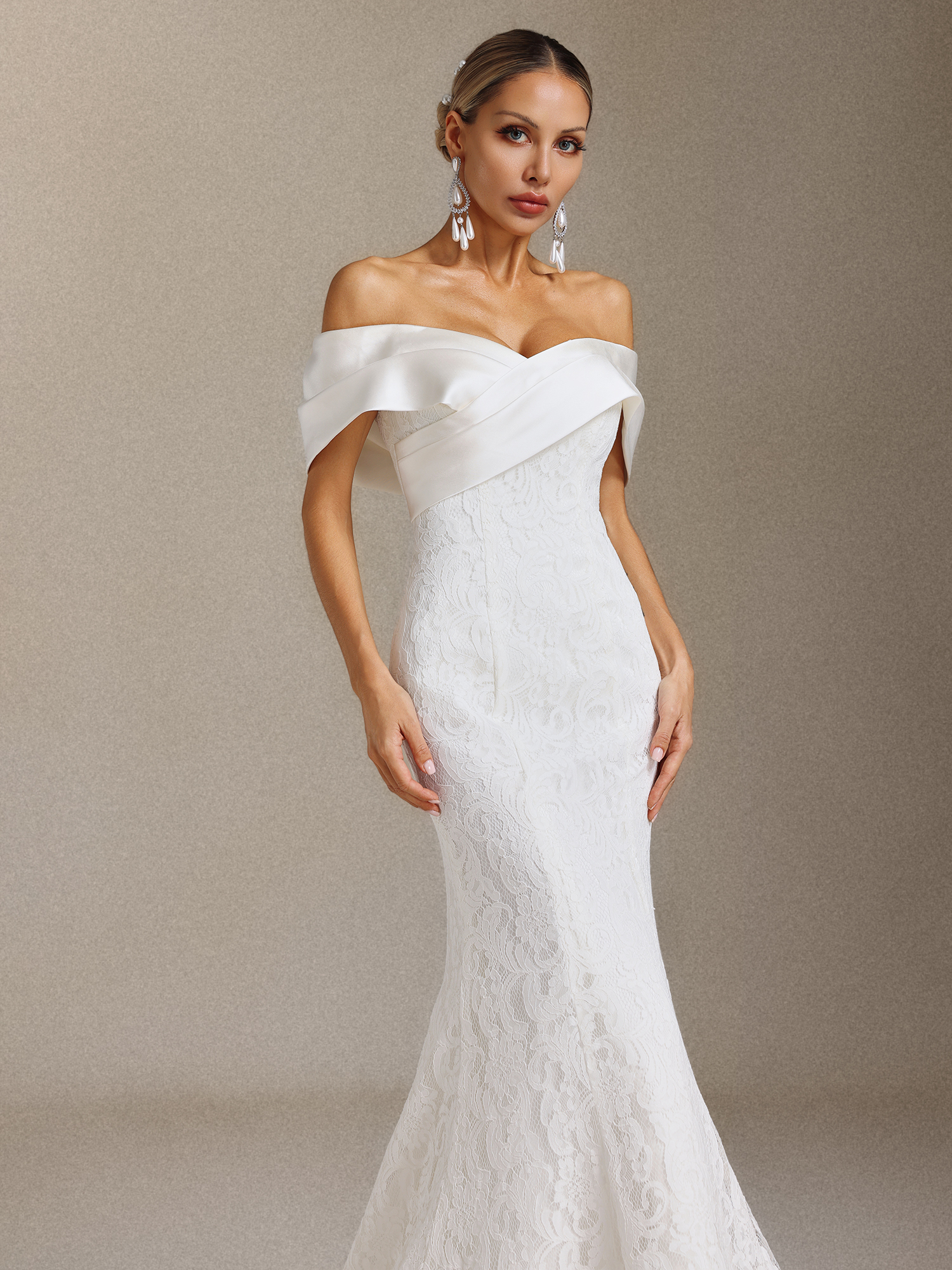 Jussi Off-the-shoulder lace slimming Fish tail Maxi wedding Dress