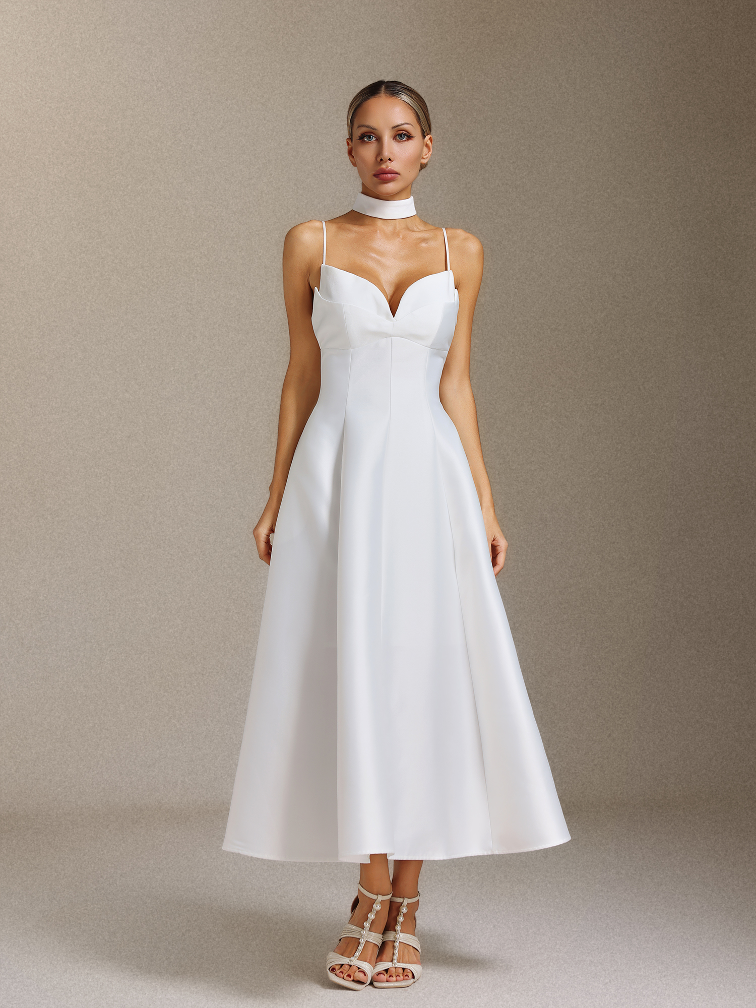 Sabrina Backless Splicing Waist-cinching V-neck halter midi dress