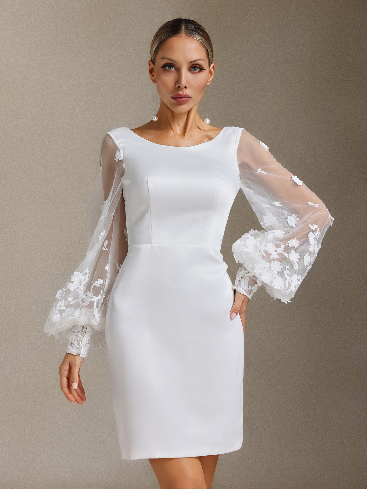 Zade Round-neck long-sleeved chiffon floral slim mini dress