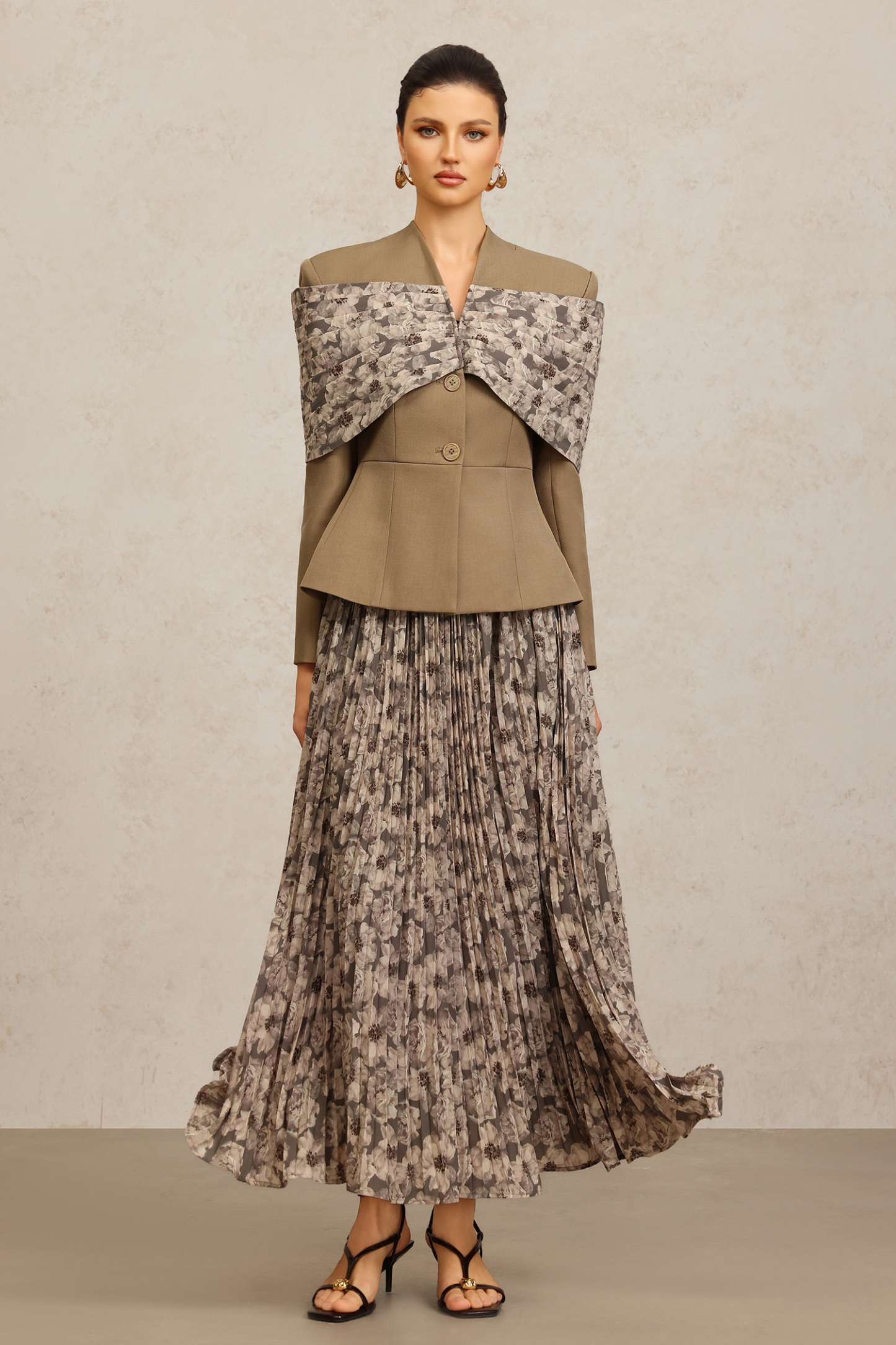 Floral Long Sleeves Folds Floral Printed Top And Skirt Two-Piece Set