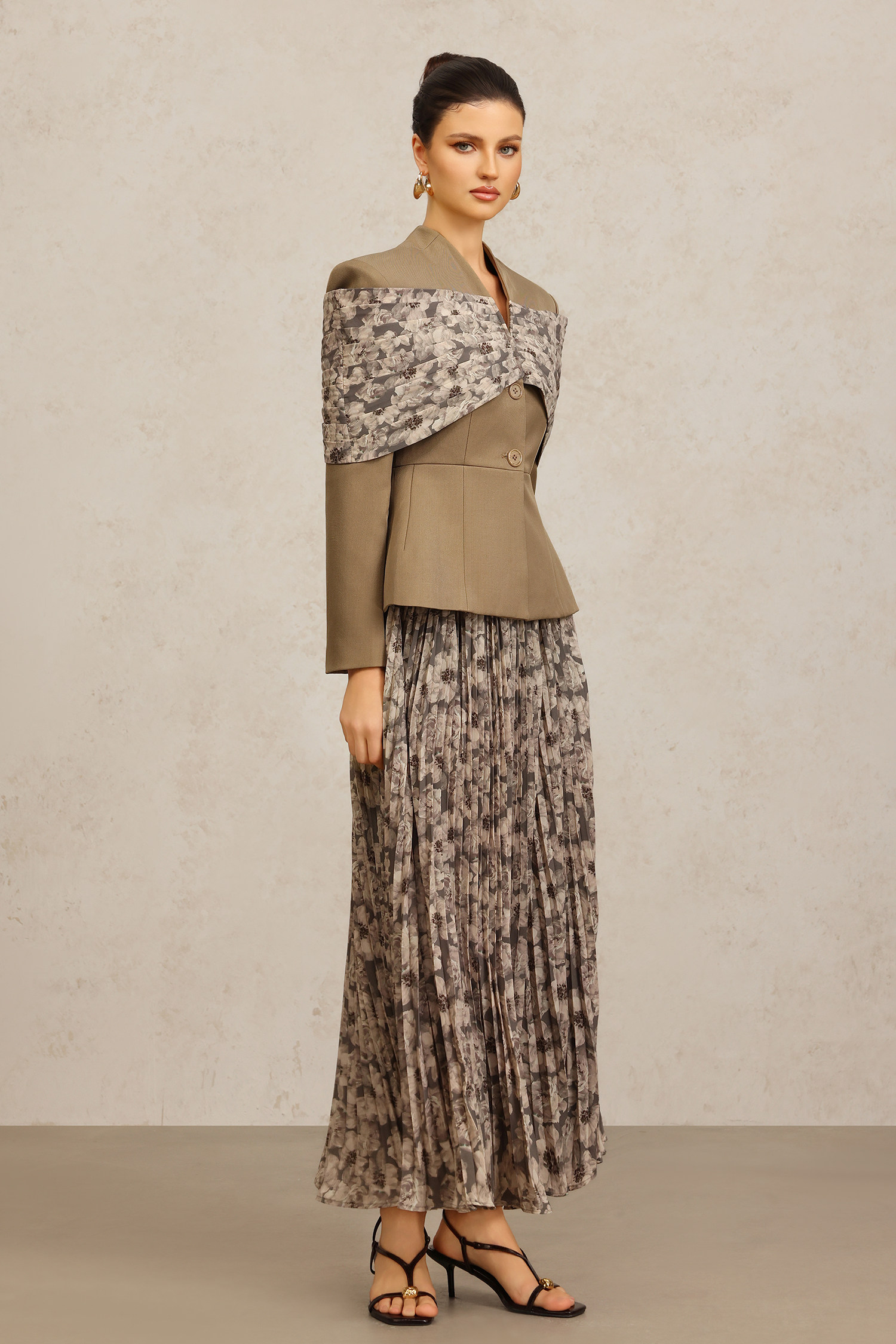Floral Long Sleeves Folds Floral Printed Top And Skirt Two-Piece Set