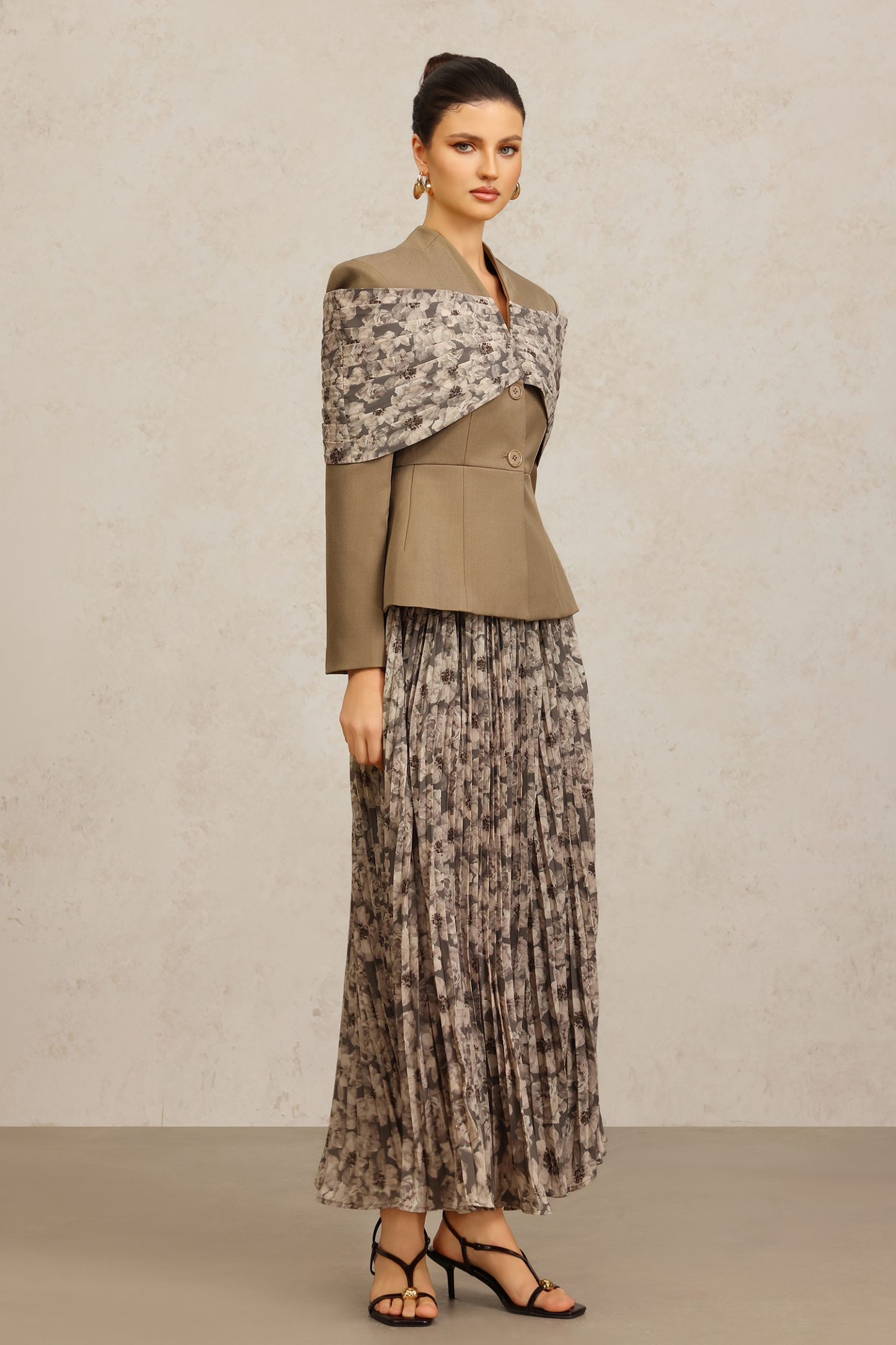 Floral Long Sleeves Folds Floral Printed Top And Skirt Two-Piece Set