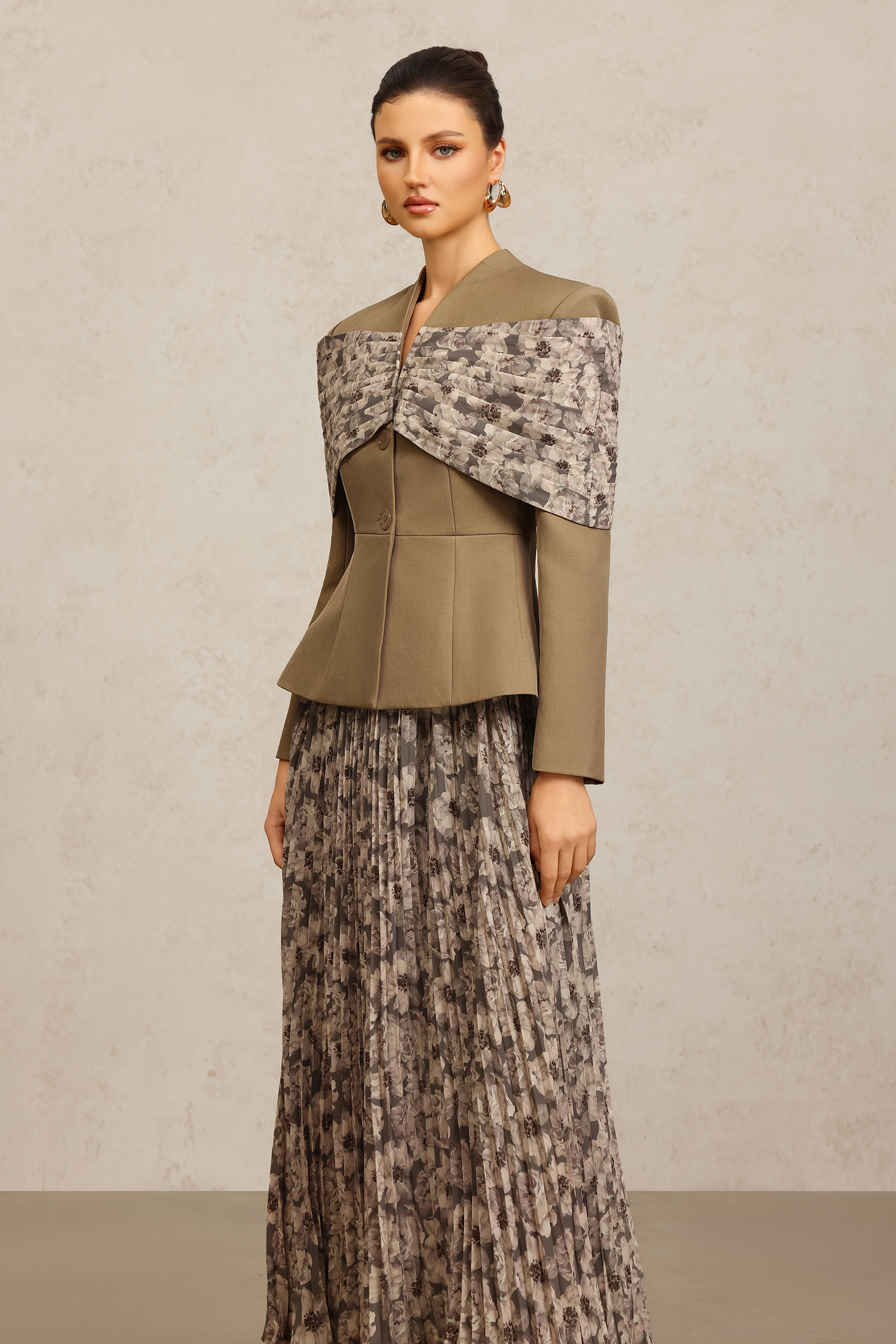 Floral Long Sleeves Folds Floral Printed Top And Skirt Two-Piece Set