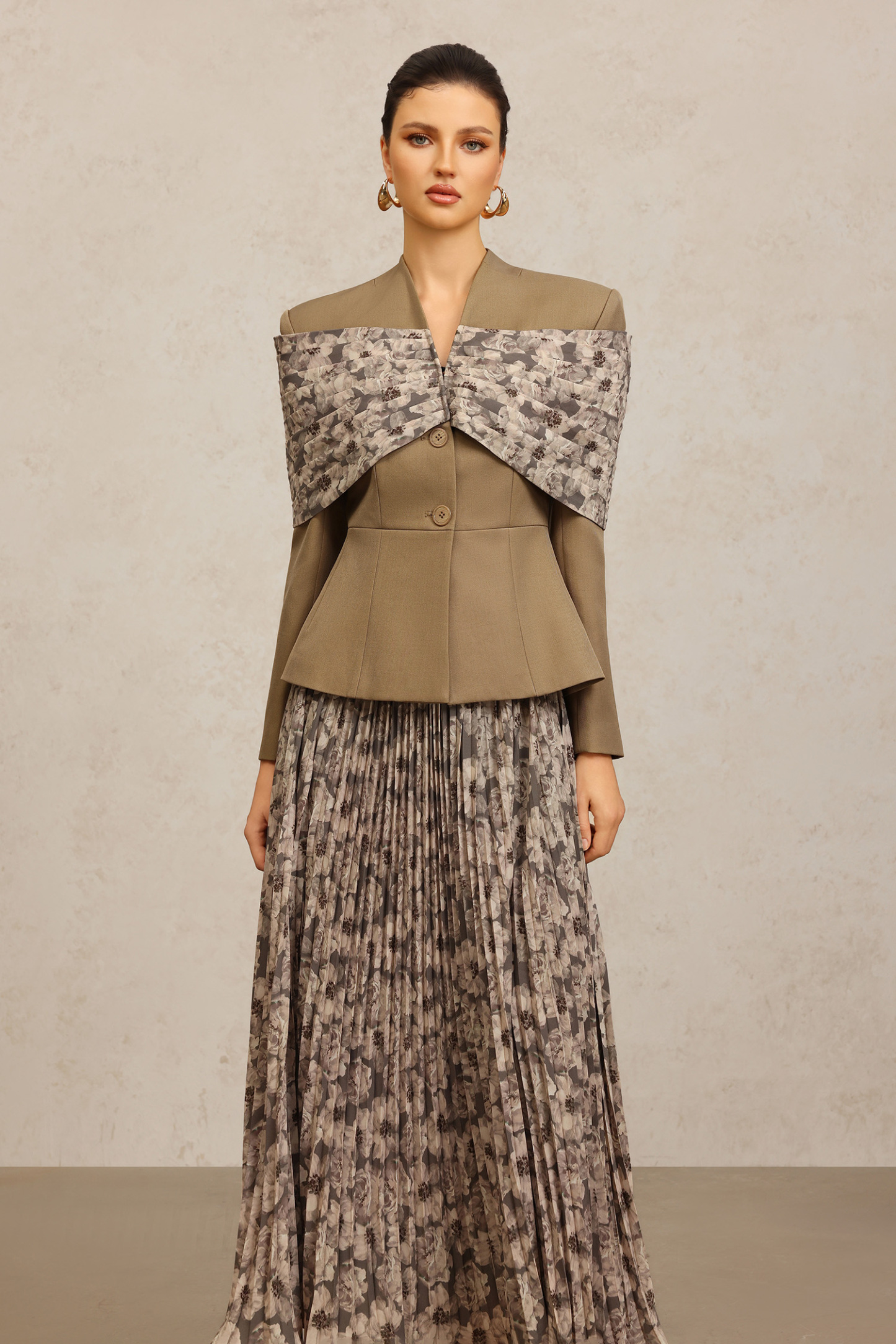 Floral Long Sleeves Folds Floral Printed Top And Skirt Two-Piece Set