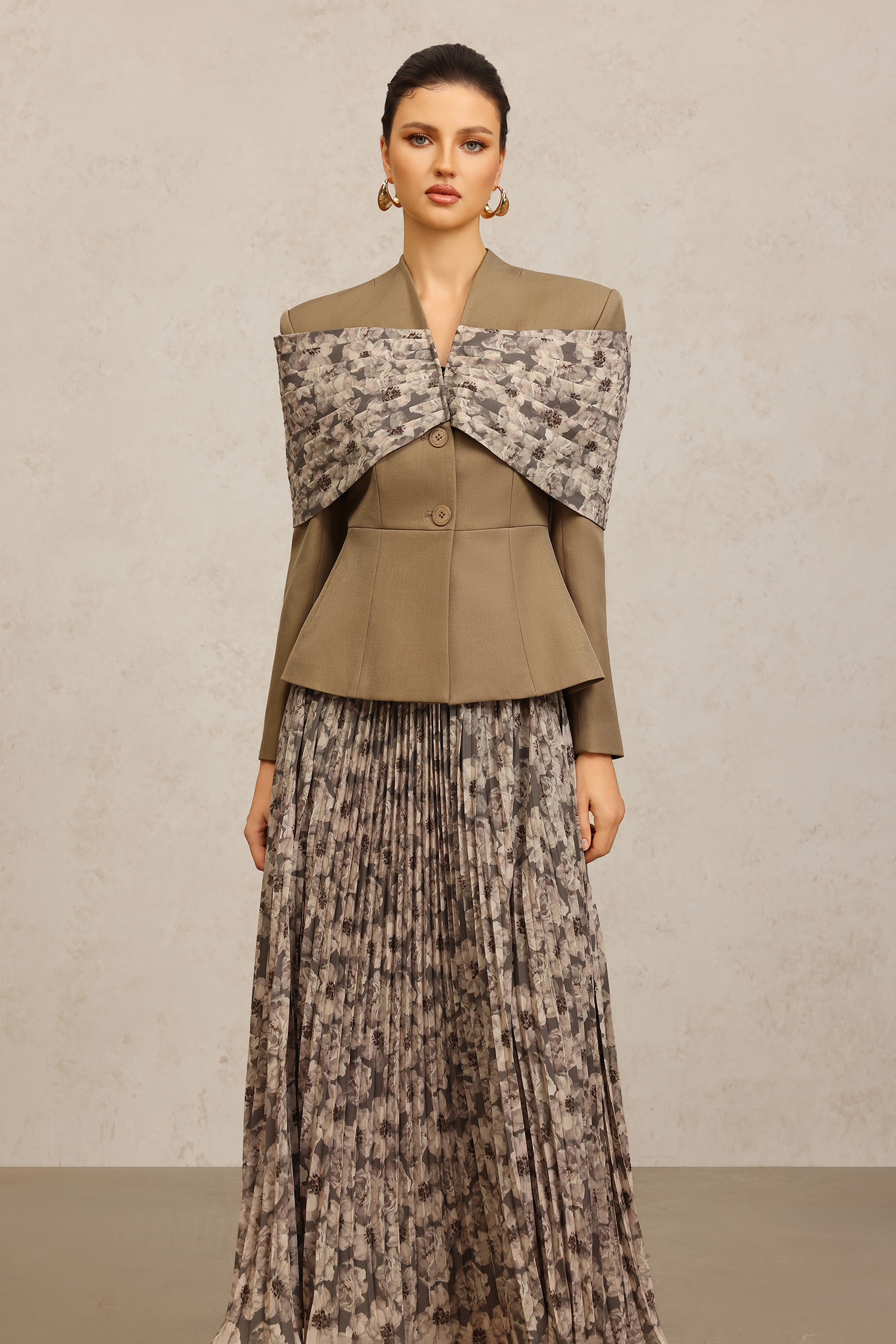 Floral Long Sleeves Folds Floral Printed Top And Skirt Two-Piece Set