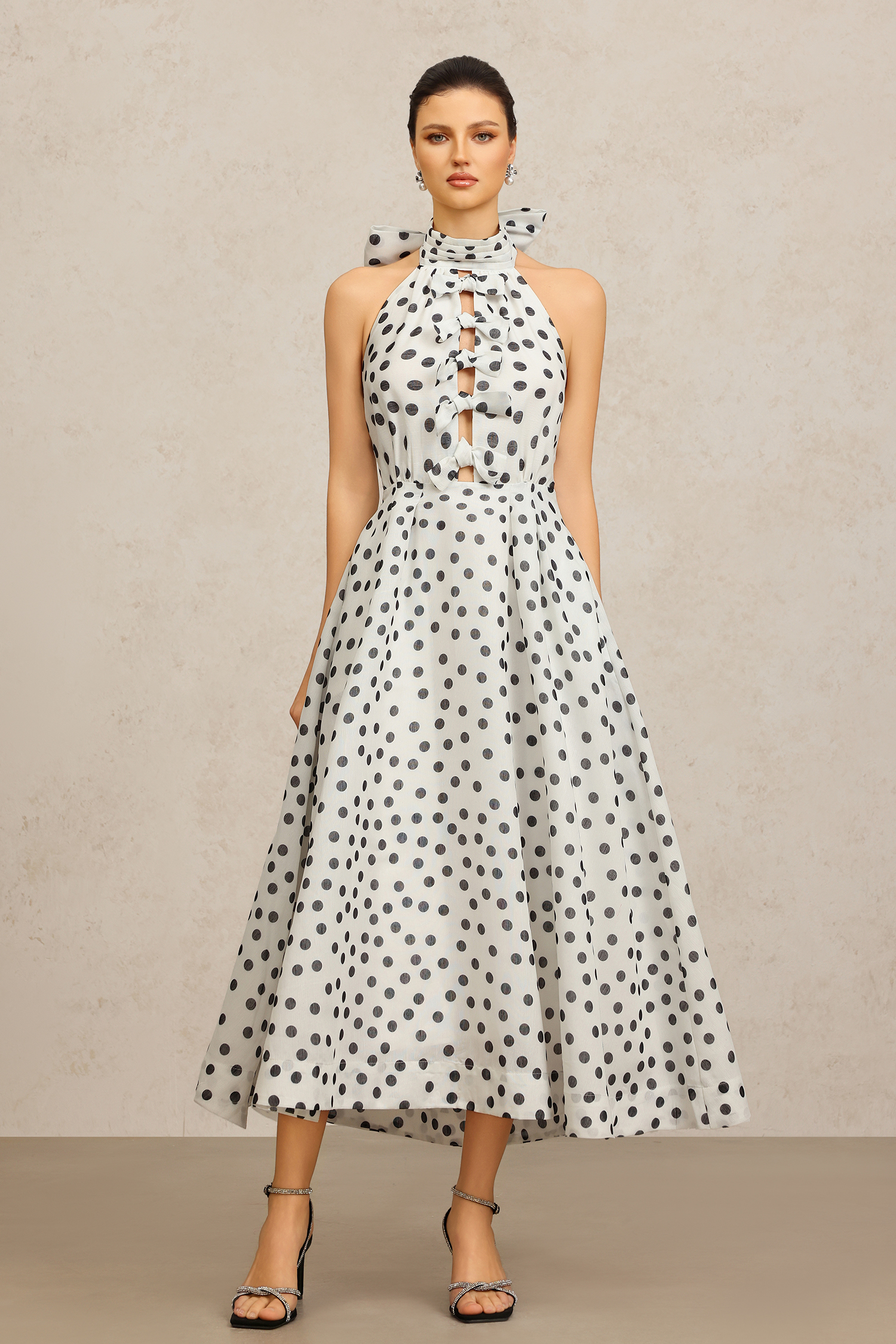 Sliya leeveless Bowknot Dot Printed Hollow Out Maxi Dress