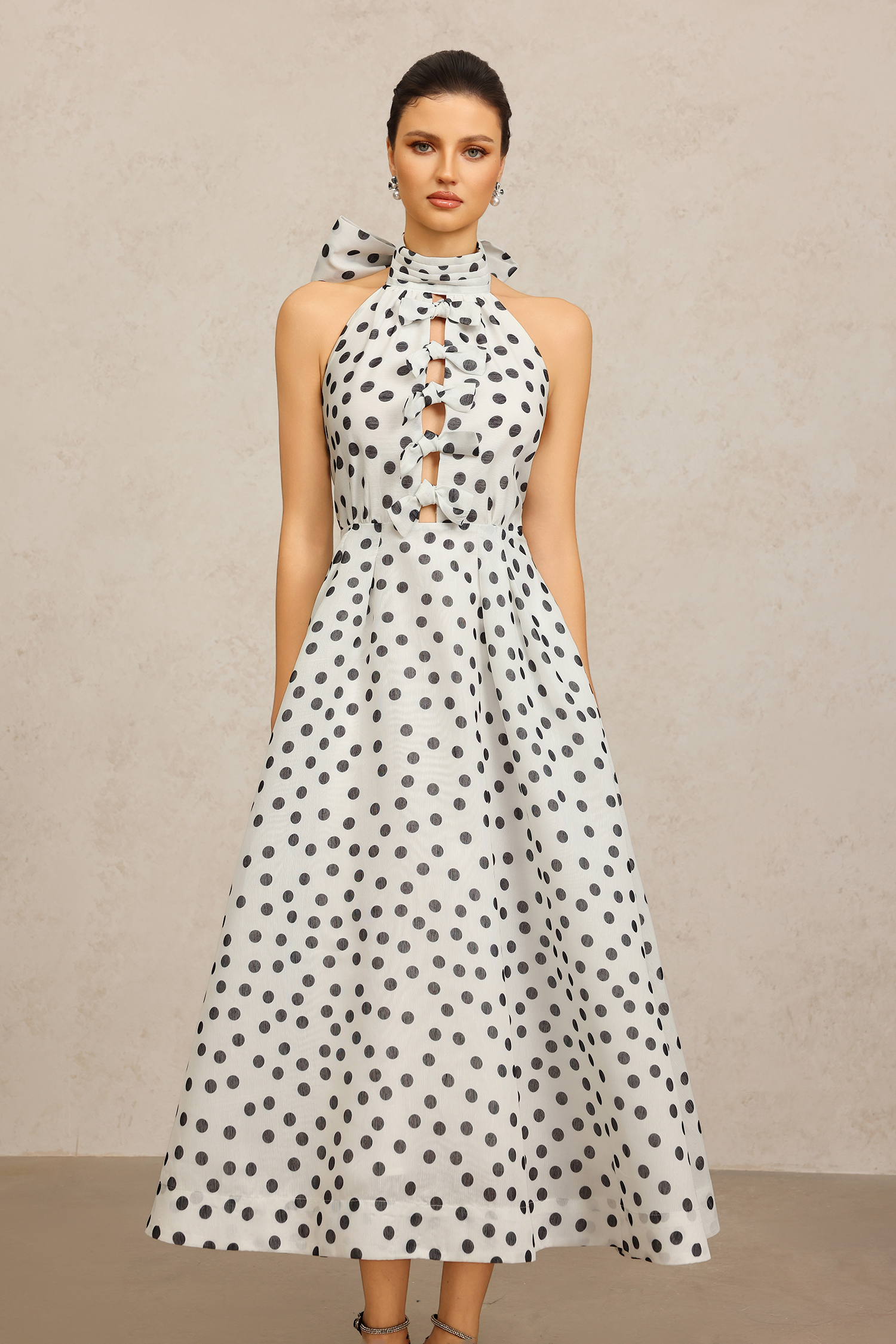 Sliya leeveless Bowknot Dot Printed Hollow Out Maxi Dress