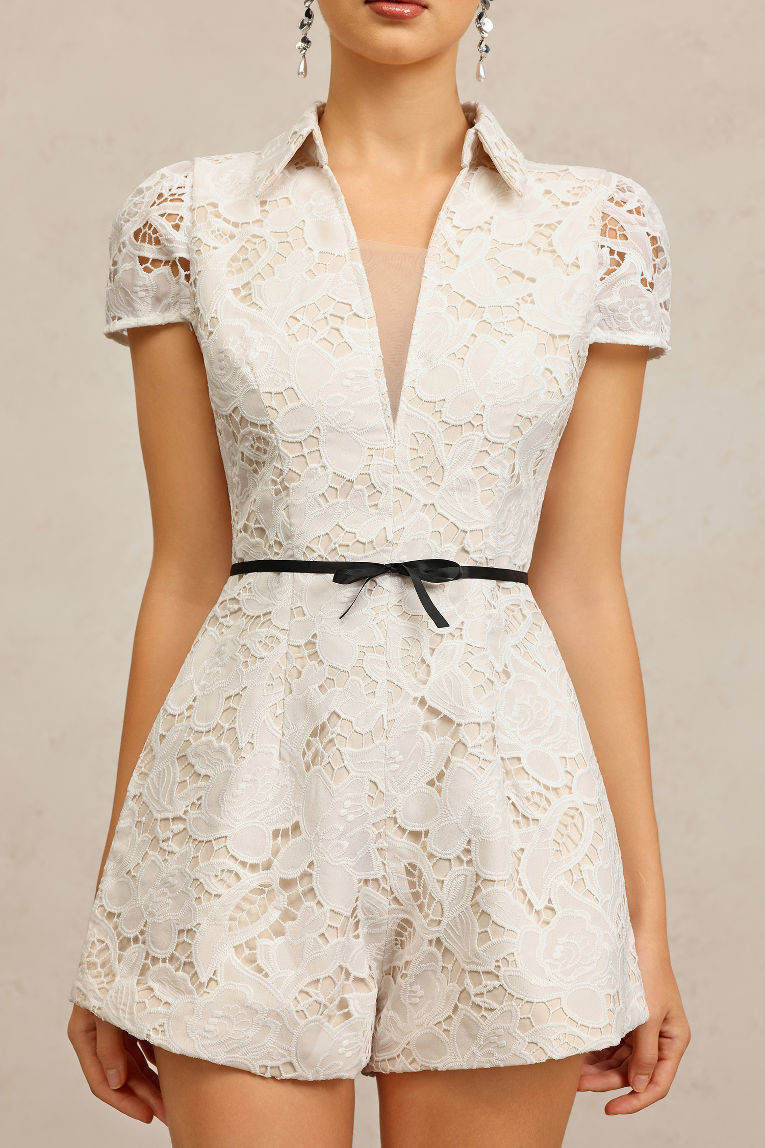 Paza V-Neck Short Sleeves Lace Flowers Bowknot Mini Jumpsuit