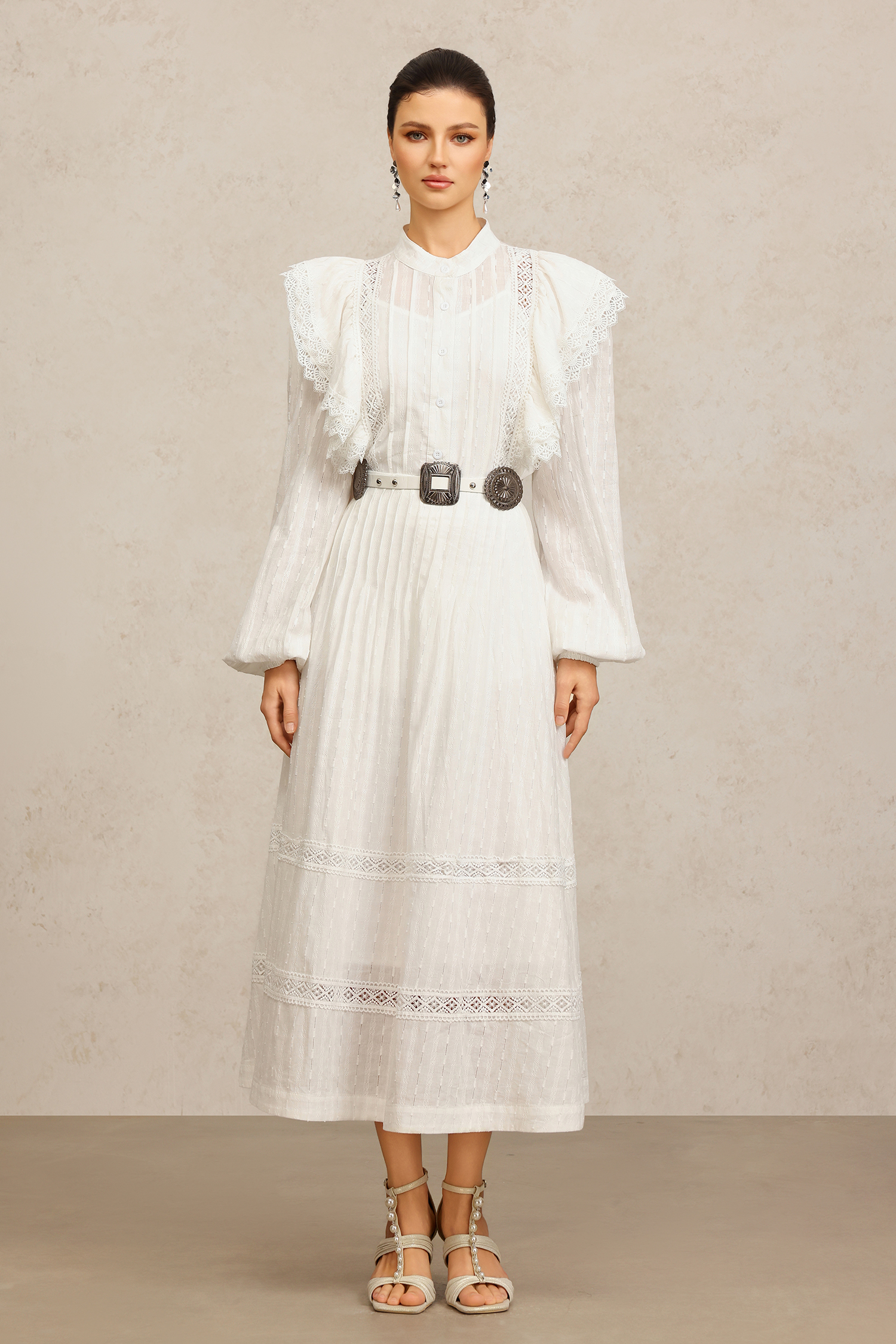 Ditala Long Sleeves Lace Folds Top And Skirt Two-Piece Set