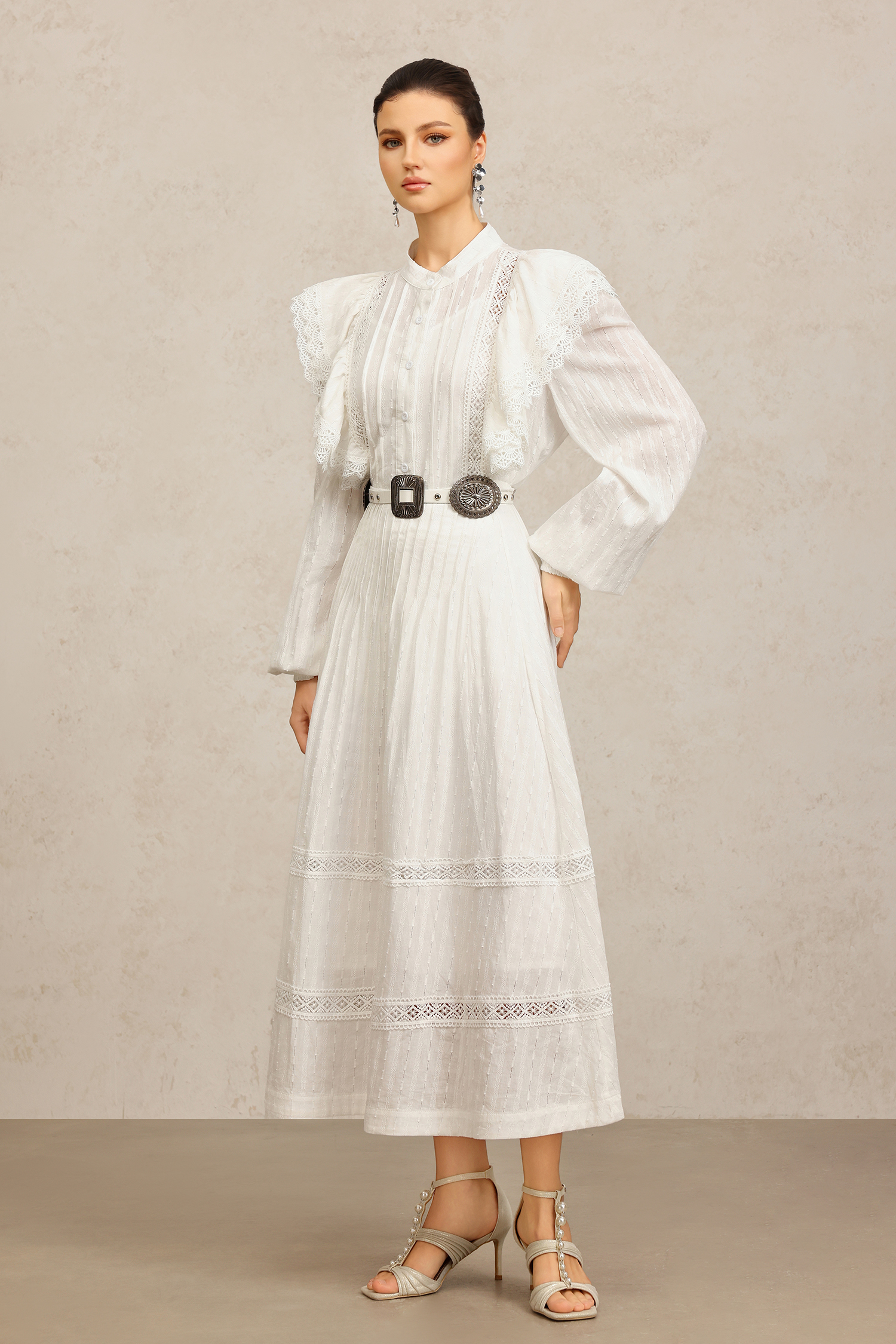 Ditala Long Sleeves Lace Folds Top And Skirt Two-Piece Set