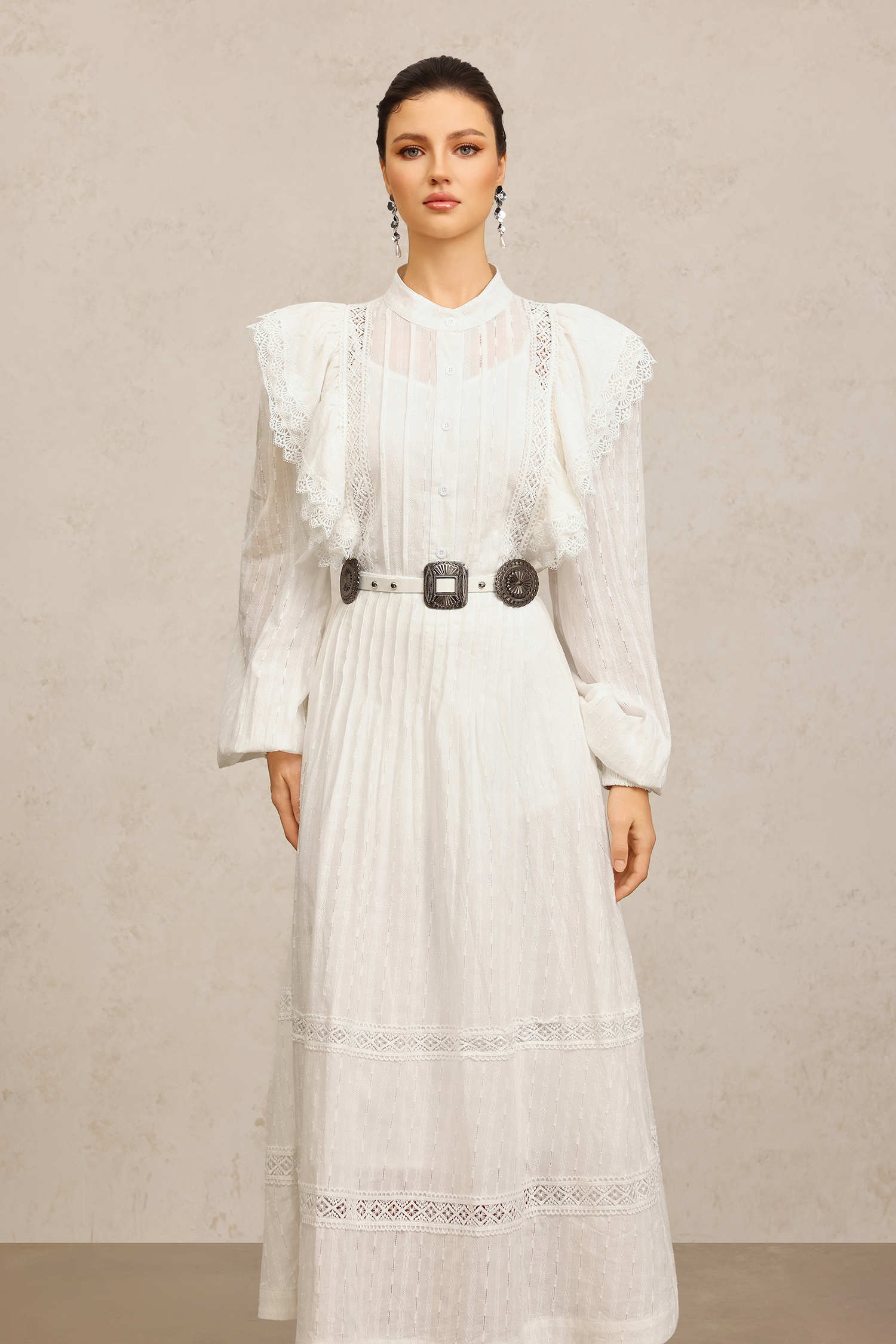 Ditala Long Sleeves Lace Folds Top And Skirt Two-Piece Set