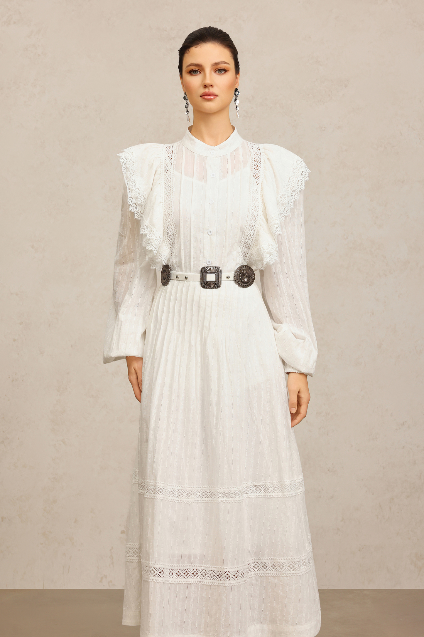 Ditala Long Sleeves Lace Folds Top And Skirt Two-Piece Set