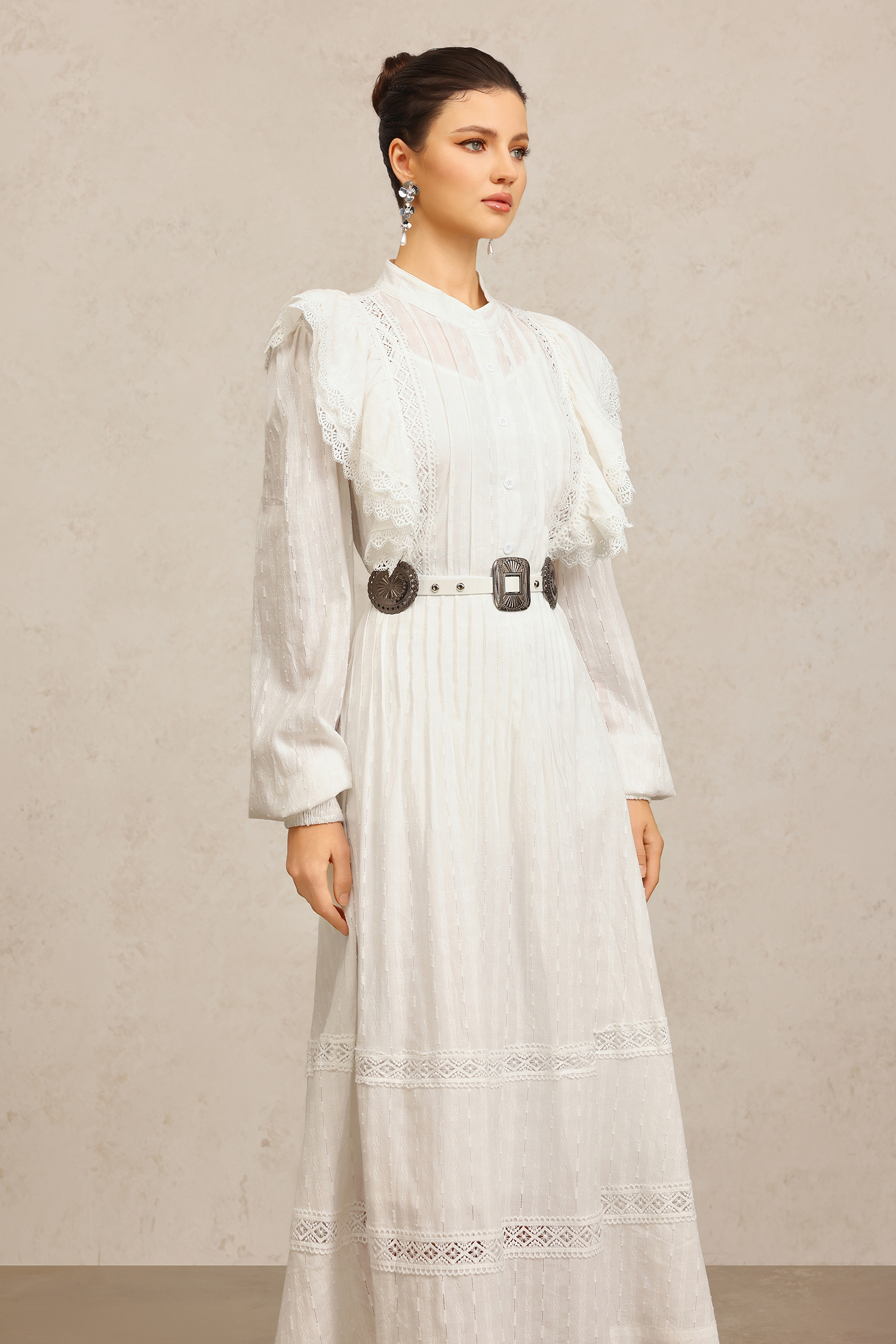 Ditala Long Sleeves Lace Folds Top And Skirt Two-Piece Set