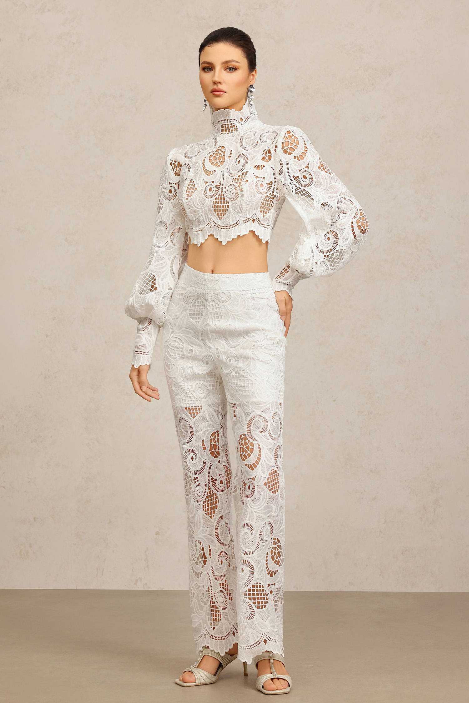 ドレス Rizza Long Sleeves Lace Embroidery Flowers Top And Pants Two