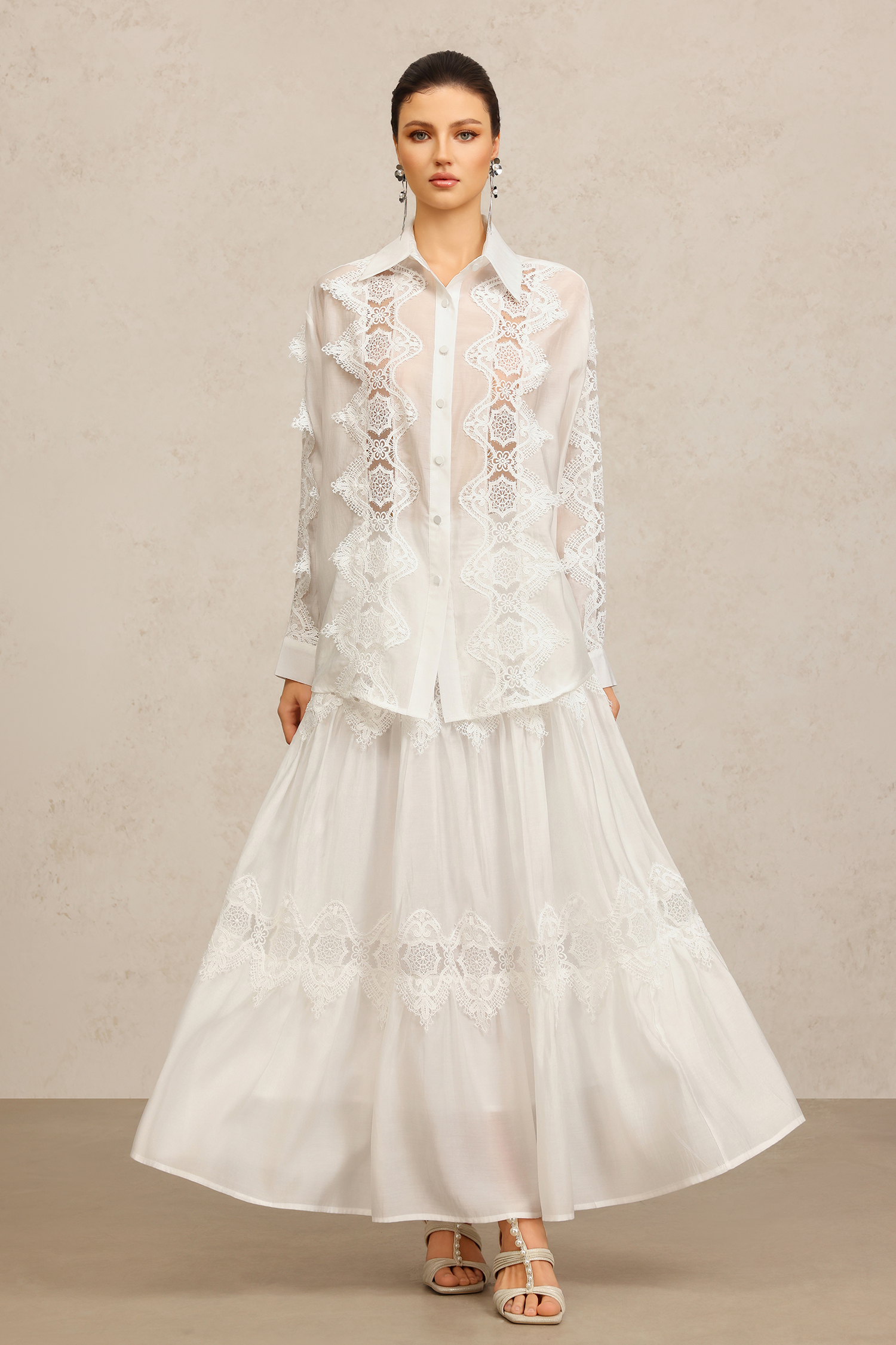 Kater Lapel Long Sleeves Lace Flowers Top And Skirt Two-Piece Set