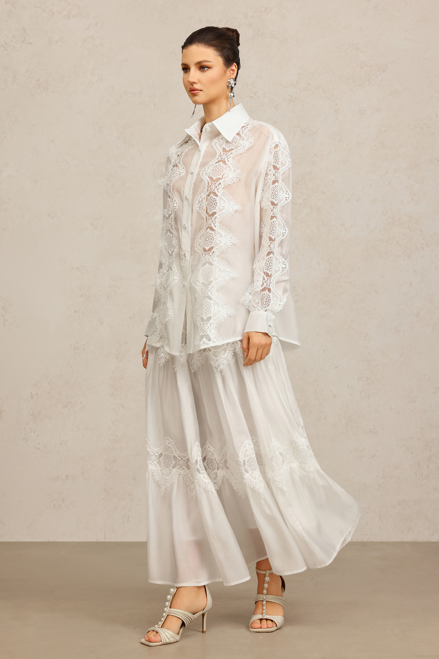 Kater Lapel Long Sleeves Lace Flowers Top And Skirt Two-Piece Set