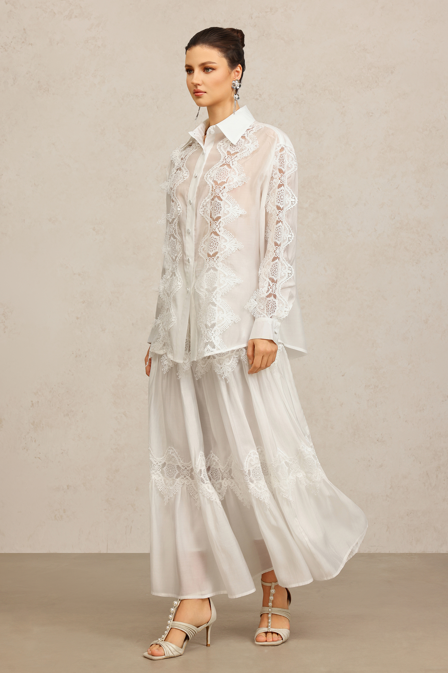 Kater Lapel Long Sleeves Lace Flowers Top And Skirt Two-Piece Set